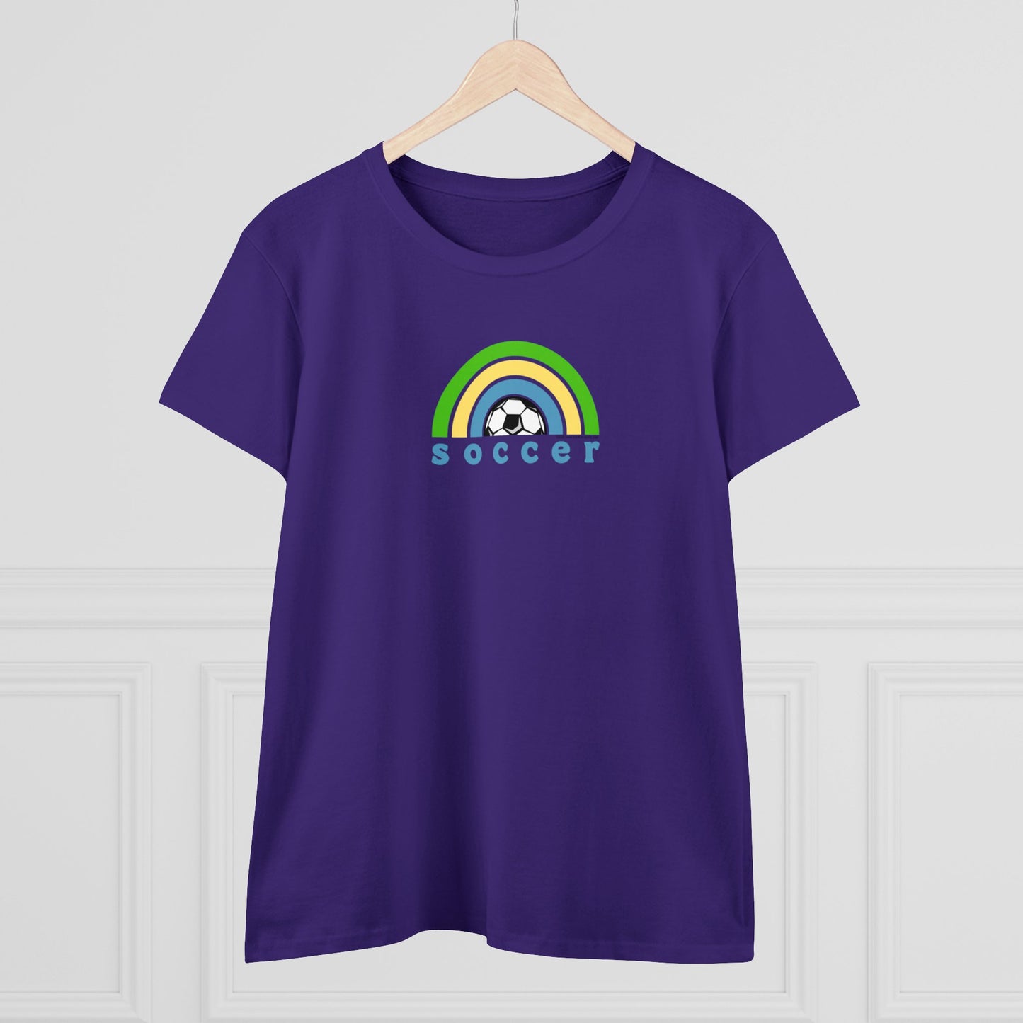 Women's Rainbow Soccer Midweight Cotton Tee, Cute Design, Retro 70's, Pink Soccer T-Shirts for Ladies, Love of Soccer