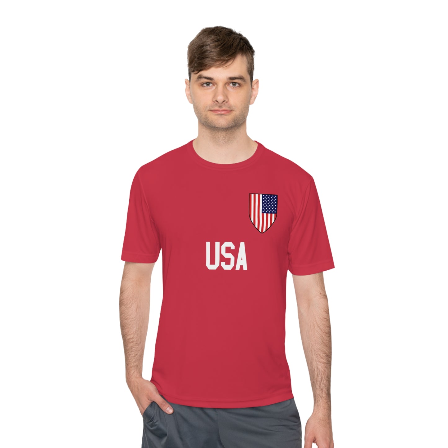 USA Soccer t-shirt with Soccer Shield USA Flag design and USA in block lettering