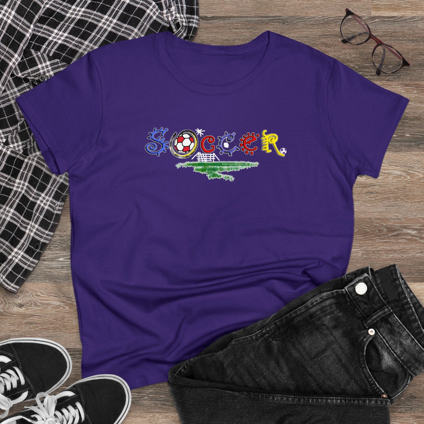 Artistic Soccer Girls T-Shirt, Ladies Soccer Design with Whimsical Soccer Design, Cute hand drawn look, stylized font, Soccer Gift for Women