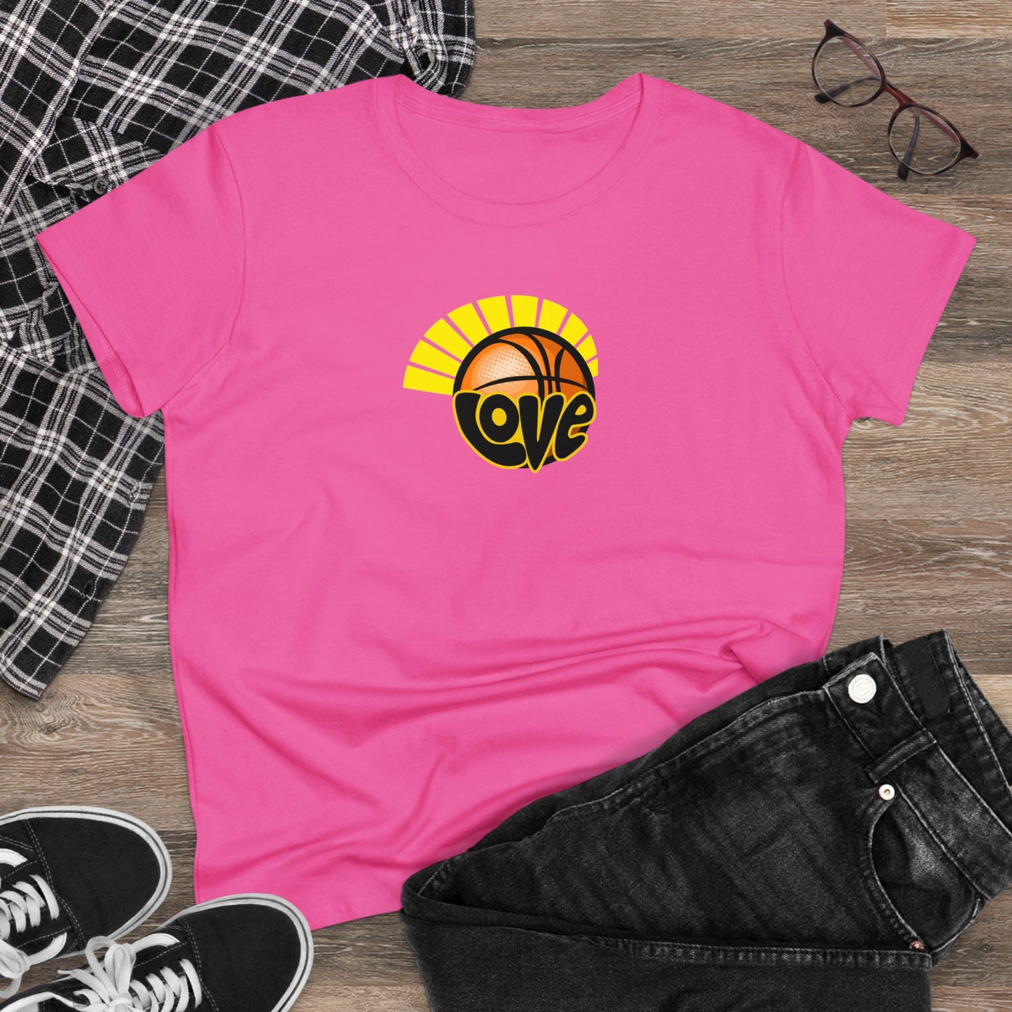 Love of Basketball, Women's Retro Hippy, Feel Good, Midweight Cotton Tee, Cute Ladies Tee, Retro 70's, Pink Basketball T-Shirts for Ladies