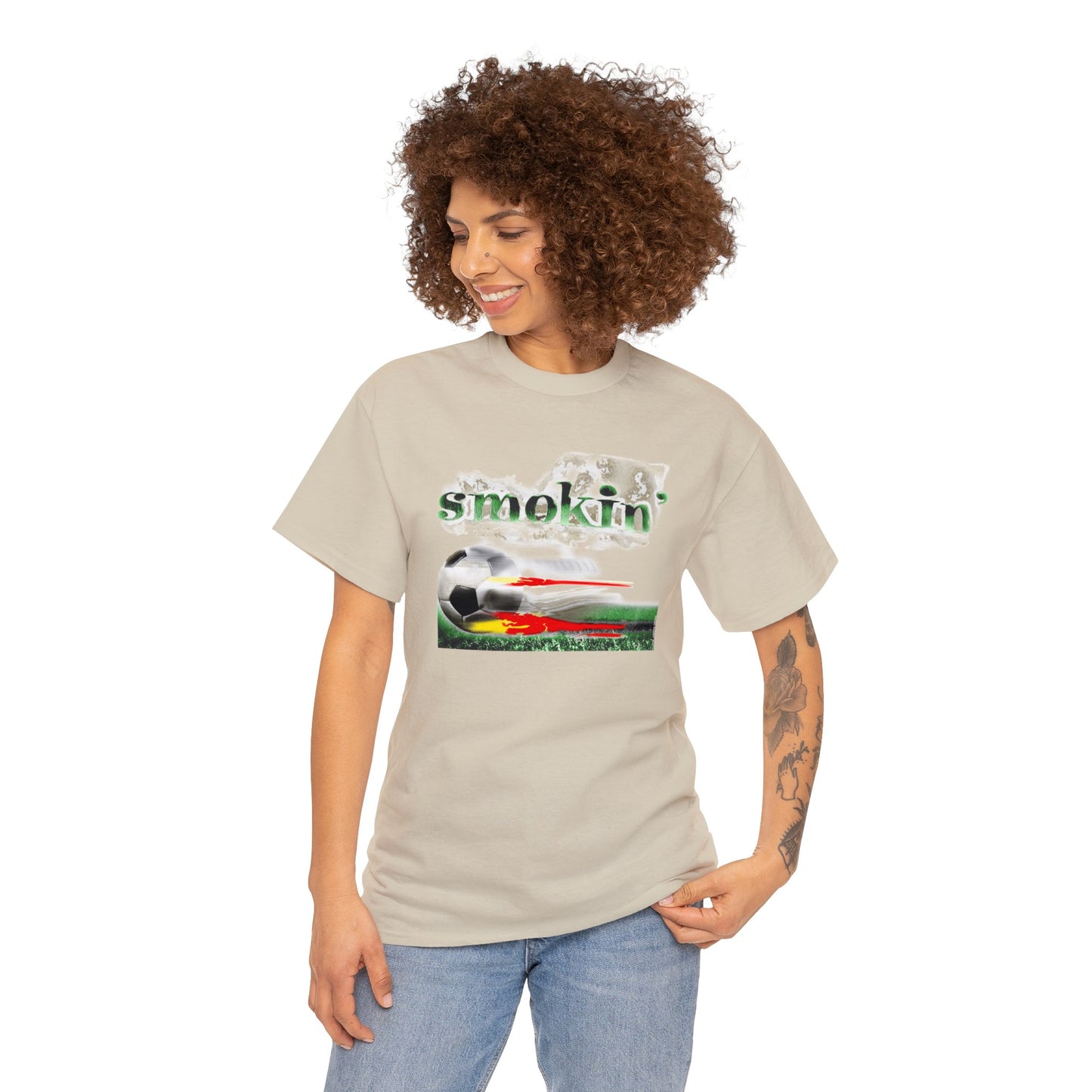 Smokin' Funny Soccer T-Shirt, Unisex Heavy Cotton Tee, Soccer Ball Flaming, Soccer smokin' hot, fast Soccer ball, burning Grass