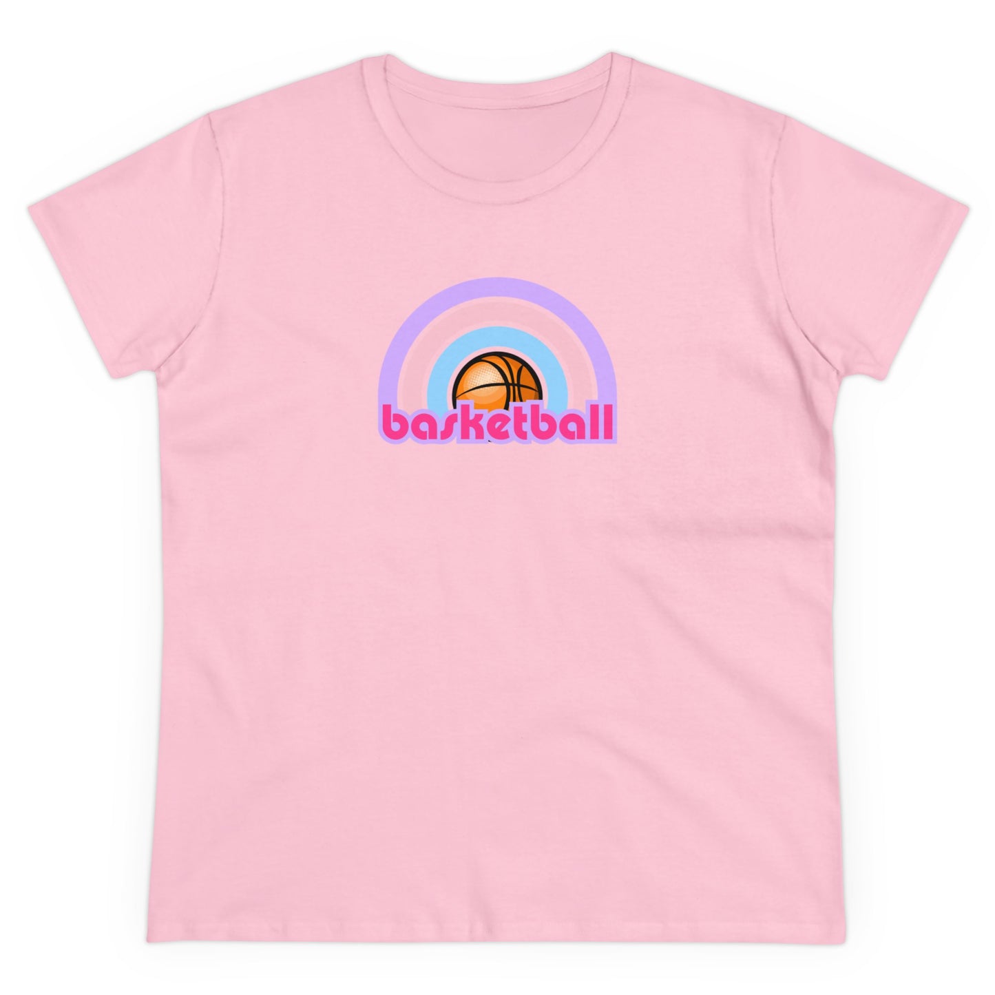 Women's Rainbow Basketball Midweight Cotton Tee, Cute Design, Retro 70's, Pink Basketball T-Shirts for Ladies, Love of Basketball