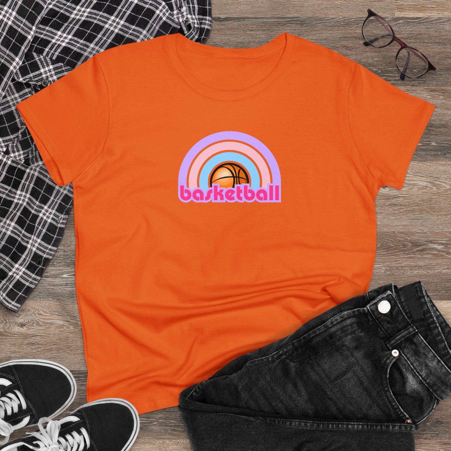 Women's Rainbow Basketball Midweight Cotton Tee, Cute Design, Retro 70's, Pink Basketball T-Shirts for Ladies, Love of Basketball