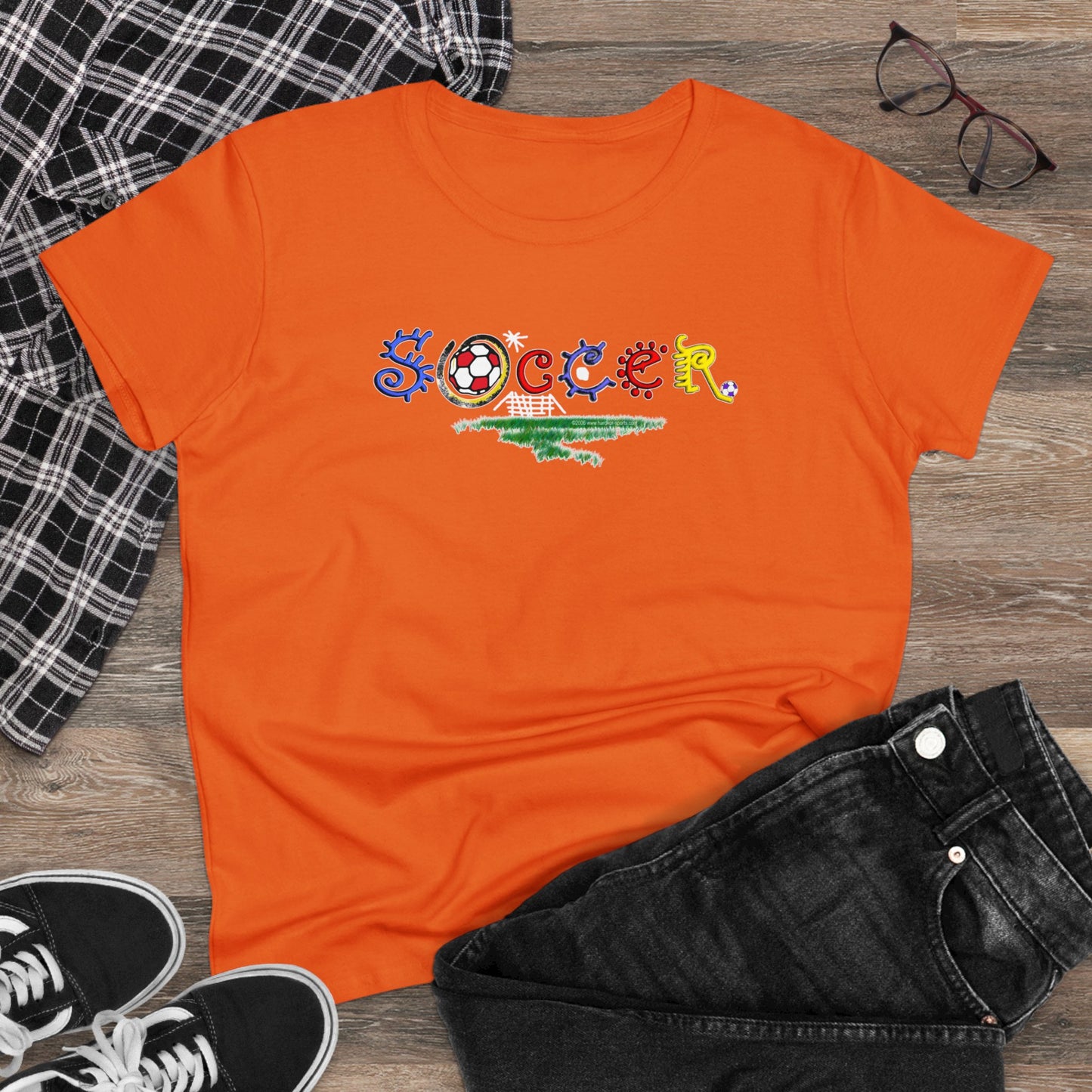 Artistic Soccer Girls T-Shirt, Ladies Soccer Design with Whimsical Soccer Design, Cute hand drawn look, stylized font, Soccer Gift for Women