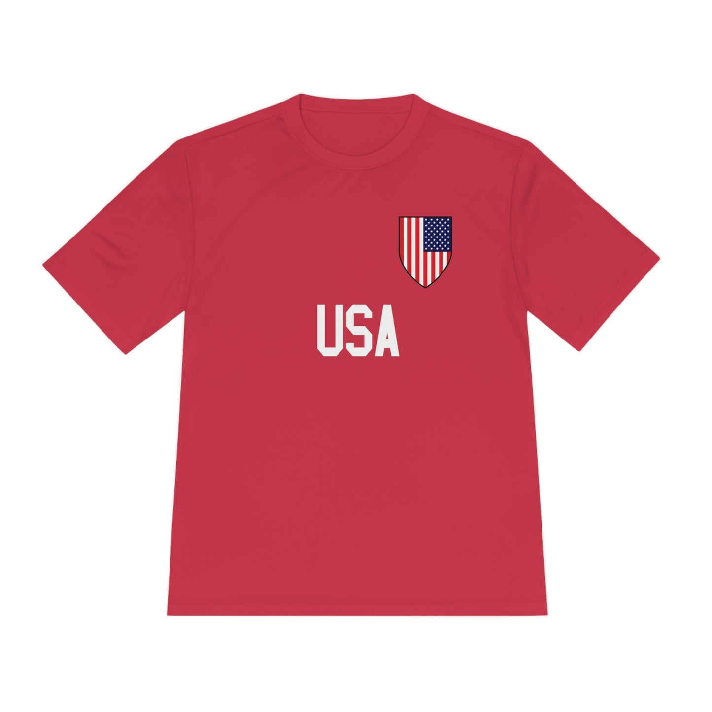USA Soccer t-shirt with Soccer Shield USA Flag design and USA in block lettering