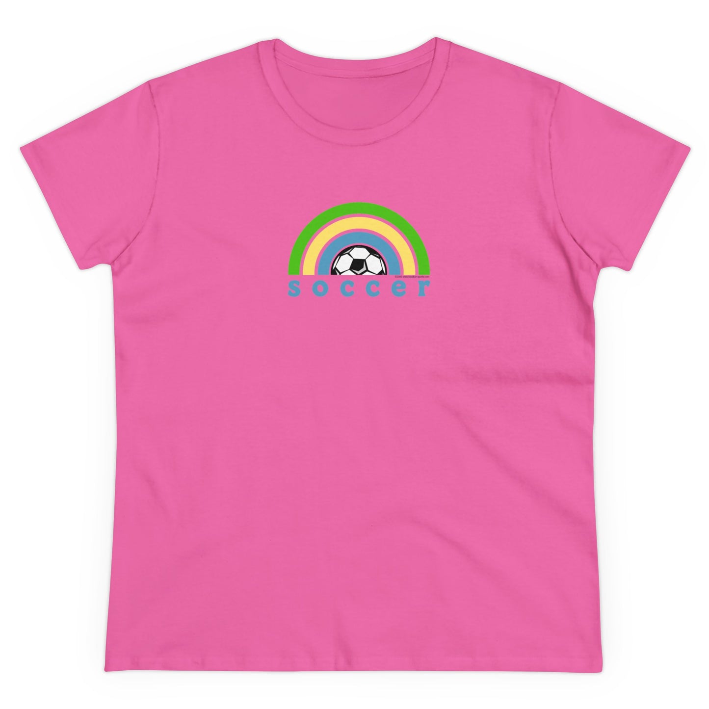 Women's Rainbow Soccer Midweight Cotton Tee, Cute Design, Retro 70's, Pink Soccer T-Shirts for Ladies, Love of Soccer