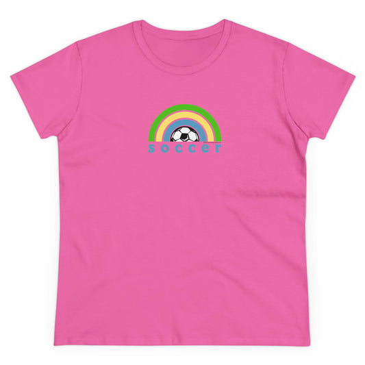 Women's Rainbow Soccer Midweight Cotton Tee, Cute Design, Retro 70's, Pink Soccer T-Shirts for Ladies, Love of Soccer