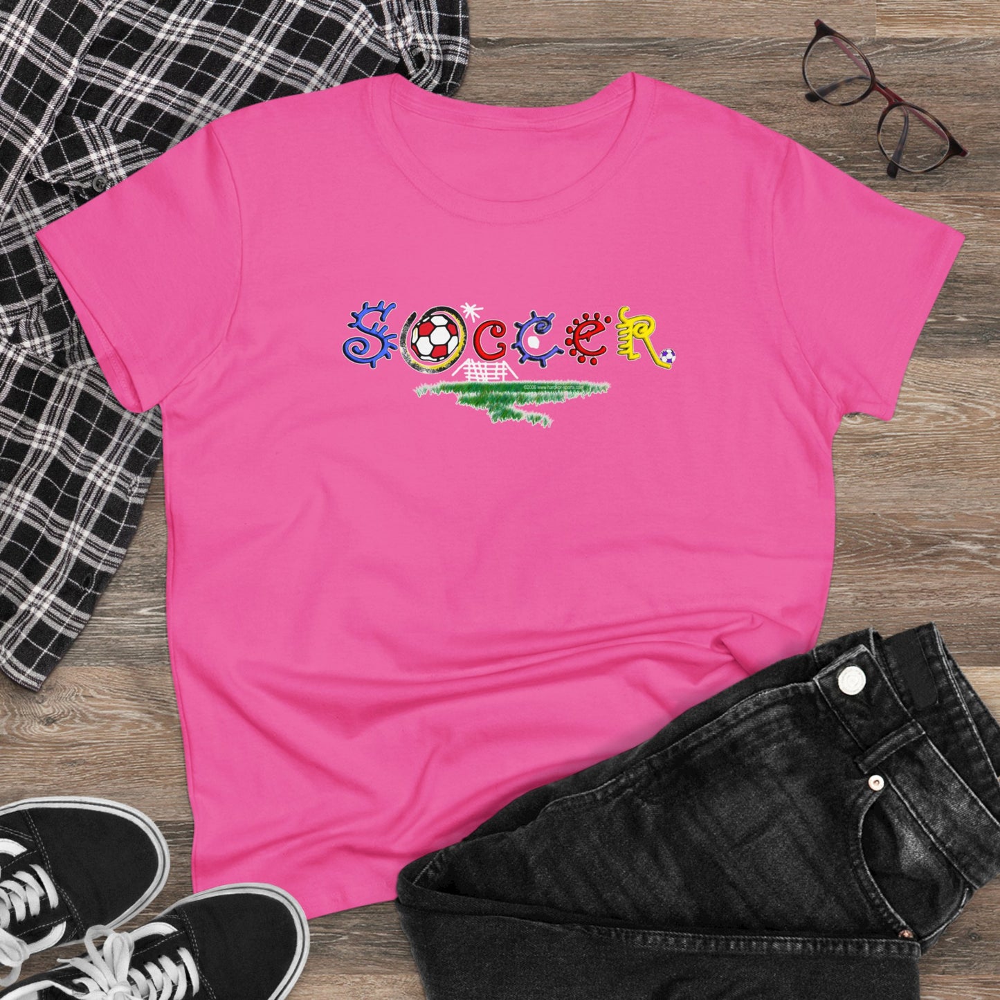 Artistic Soccer Girls T-Shirt, Ladies Soccer Design with Whimsical Soccer Design, Cute hand drawn look, stylized font, Soccer Gift for Women