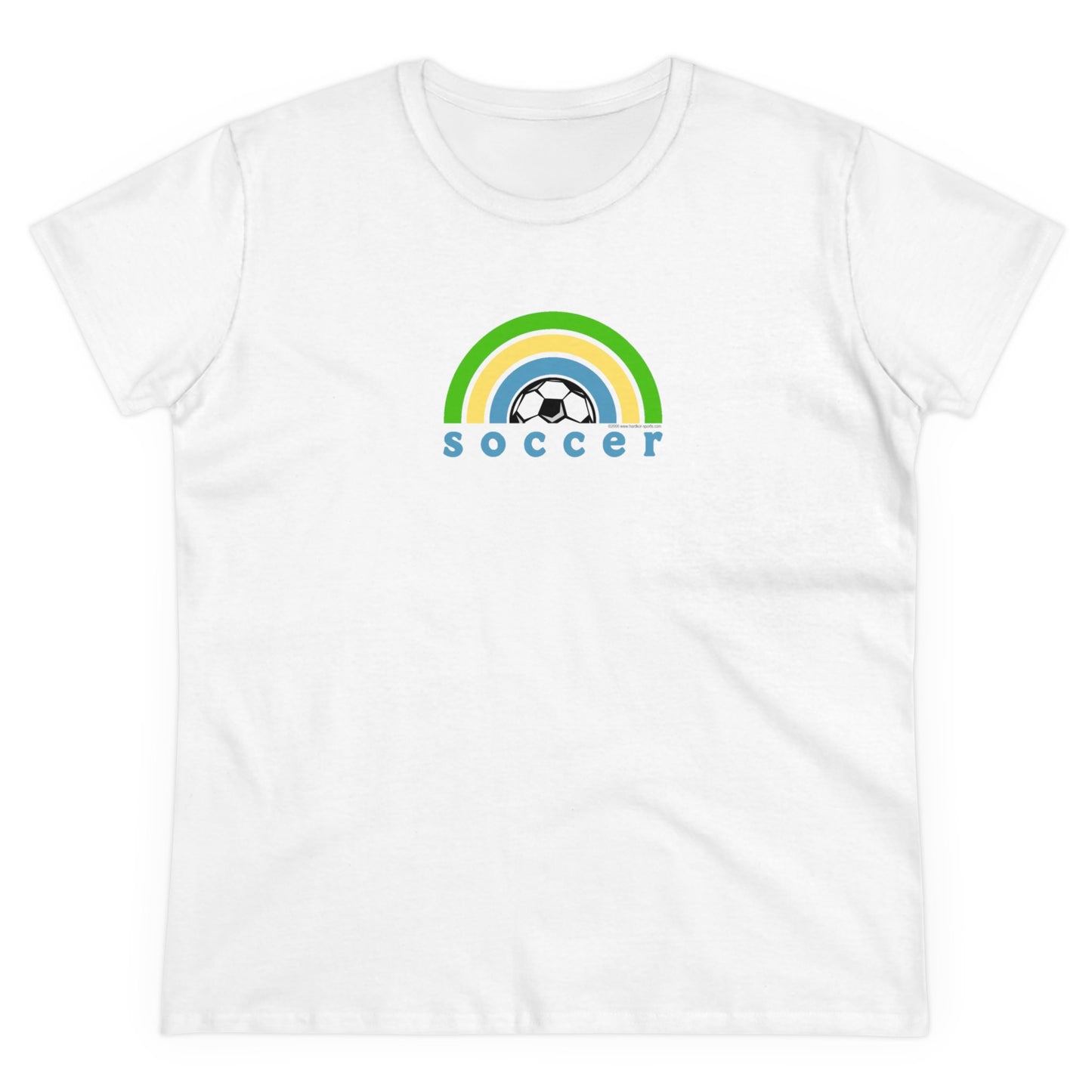 Women's Rainbow Soccer Midweight Cotton Tee, Cute Design, Retro 70's, Pink Soccer T-Shirts for Ladies, Love of Soccer