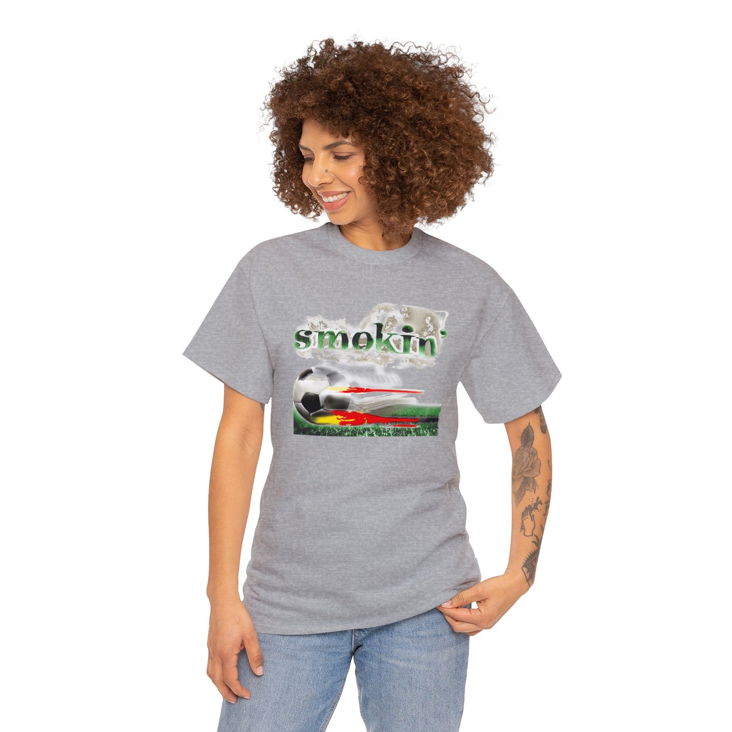 Smokin' Funny Soccer T-Shirt, Unisex Heavy Cotton Tee, Soccer Ball Flaming, Soccer smokin' hot, fast Soccer ball, burning Grass