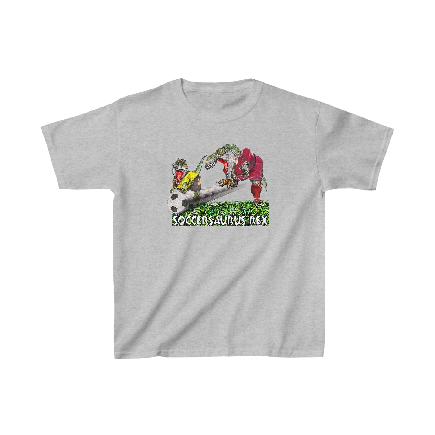 Soccersaurus Rex, Soccer Playing T-Rex Dinosaurs, Playin Soccer in Red and Yellow Jerseys, Funny Soccer T, Youth kids tee, Soccer Dino