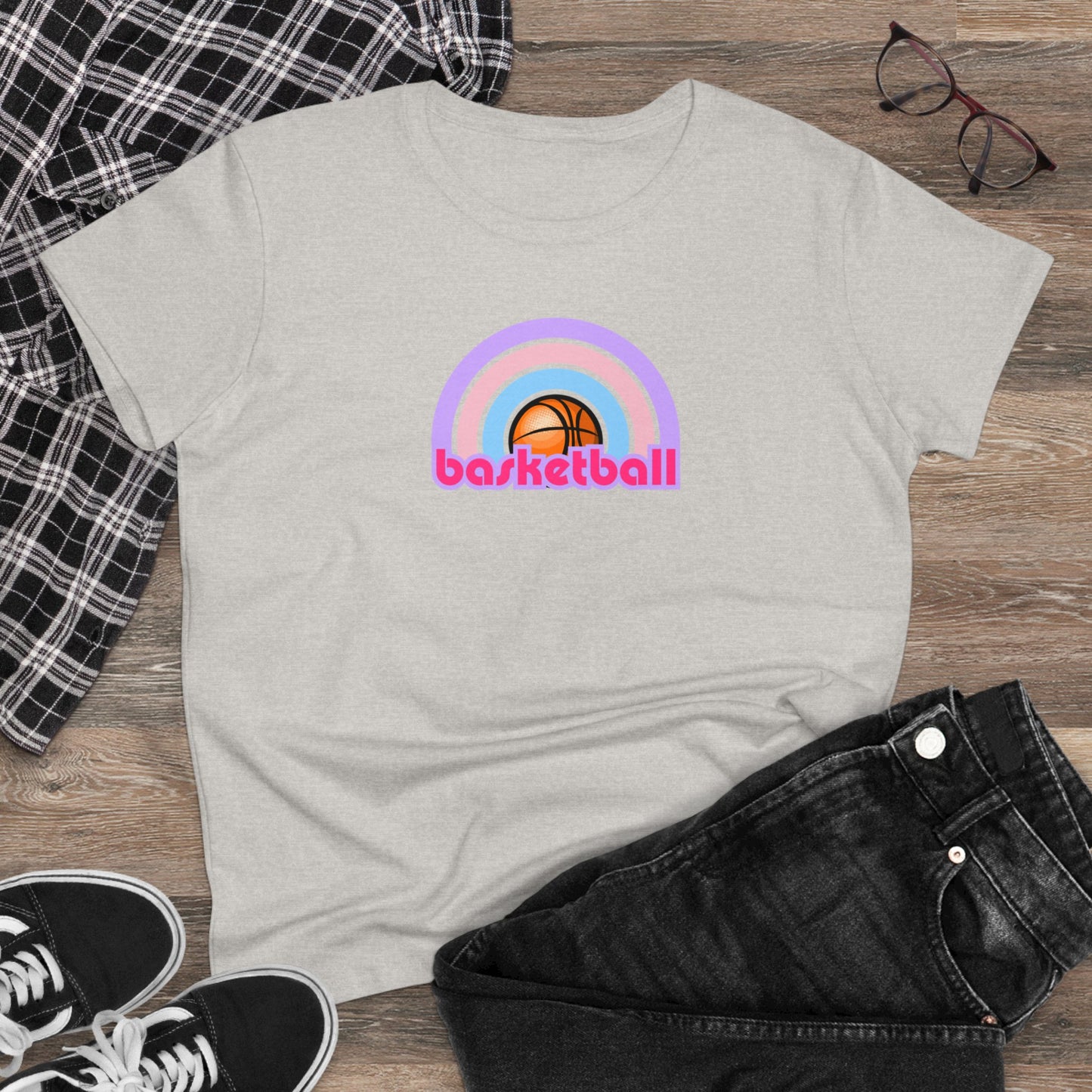 Women's Rainbow Basketball Midweight Cotton Tee, Cute Design, Retro 70's, Pink Basketball T-Shirts for Ladies, Love of Basketball