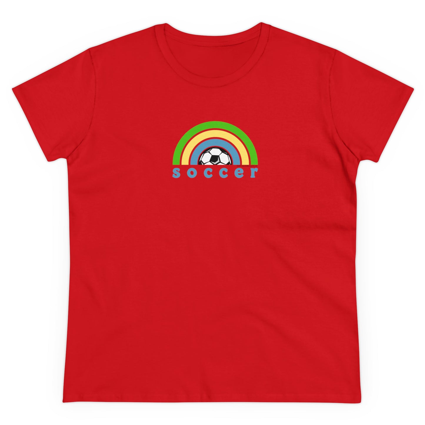 Women's Rainbow Soccer Midweight Cotton Tee, Cute Design, Retro 70's, Pink Soccer T-Shirts for Ladies, Love of Soccer