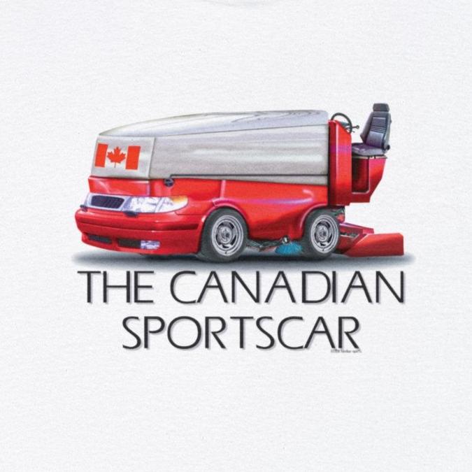The Canadian Sportscar is an Ice Resurfacing Machine for the Hockey Rink, Fun design, Canada Hockey Parody Tee Shirt Design