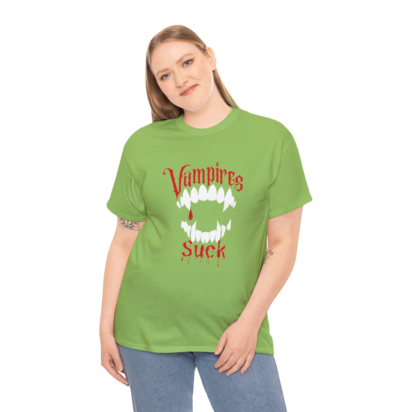 Vampires Suck T-Shirt, Funny Ironic Halloween Black Tee, Macabre, Ironic Spooky, White Vampire Fangs, Creepy Red Text, Dripping Blood