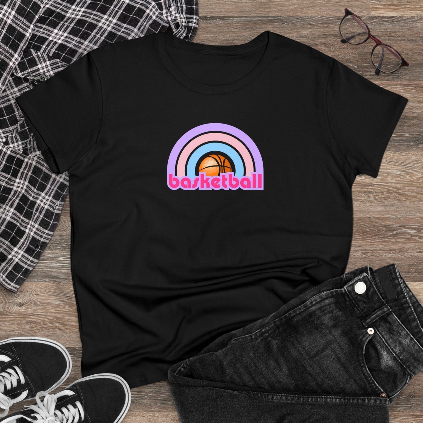 Women's Rainbow Basketball Midweight Cotton Tee, Cute Design, Retro 70's, Pink Basketball T-Shirts for Ladies, Love of Basketball