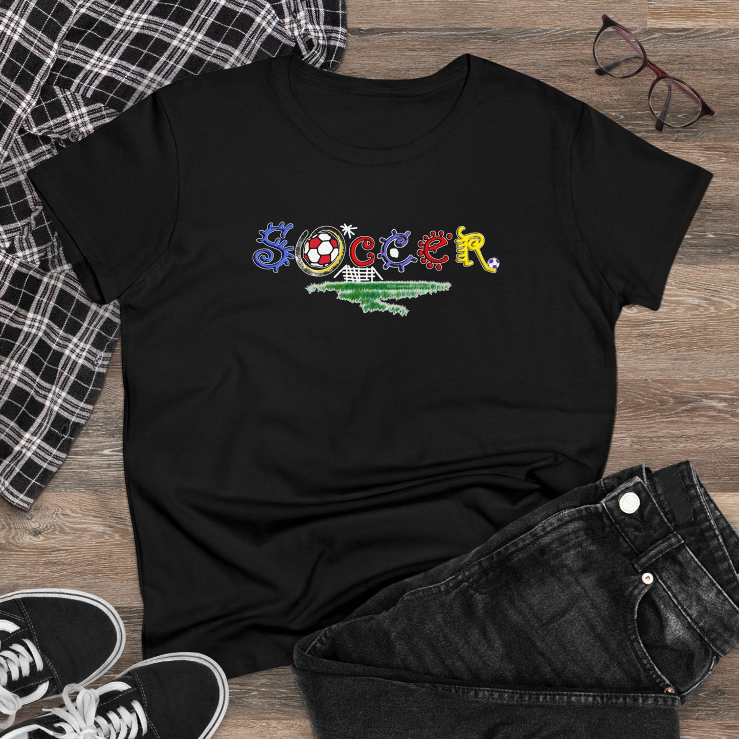 Artistic Soccer Girls T-Shirt, Ladies Soccer Design with Whimsical Soccer Design, Cute hand drawn look, stylized font, Soccer Gift for Women