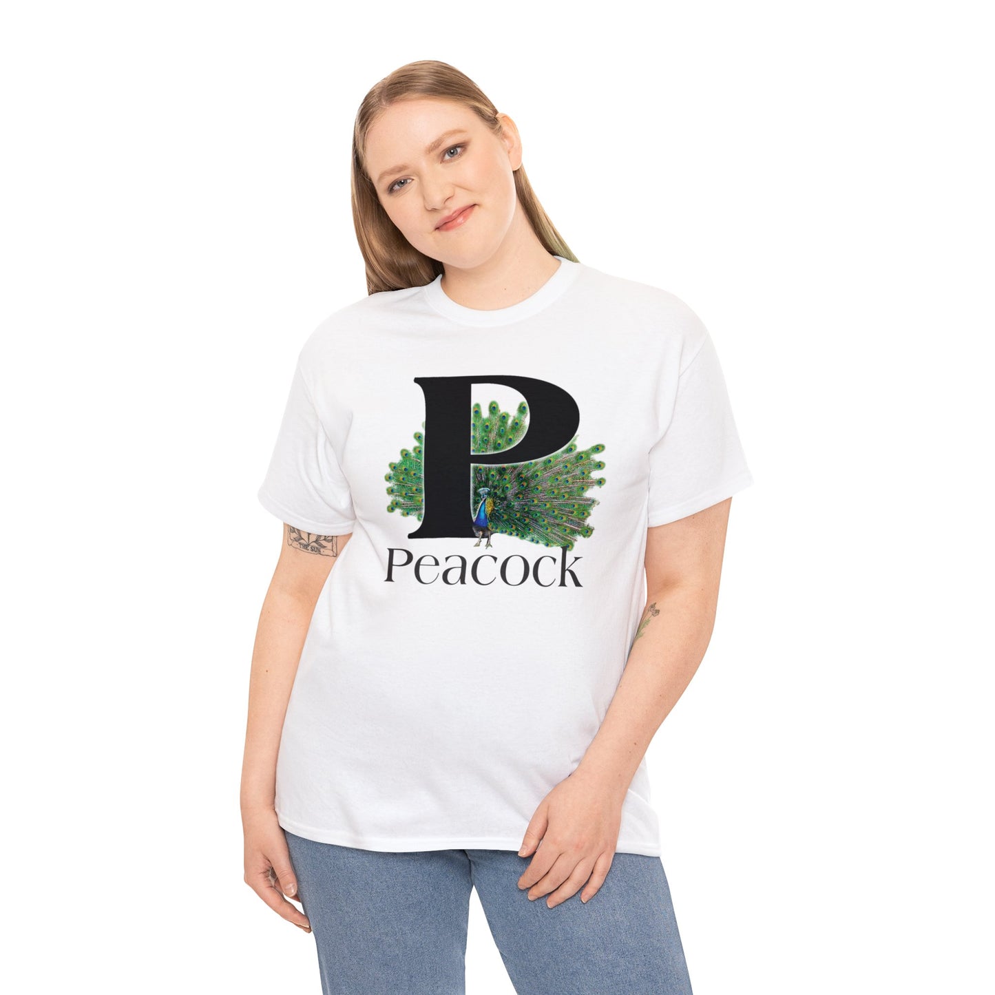 P is for Peacock T-Shirt, Peacock Feathers Fanned out, Bird Shirt, Drawing T-Shirt, animal t-shirt,