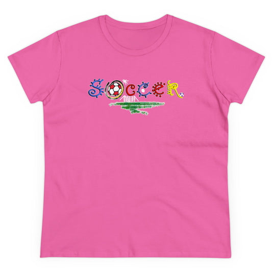 Artistic Soccer Girls T-Shirt, Ladies Soccer Design with Whimsical Soccer Design, Cute hand drawn look, stylized font, Soccer Gift for Women