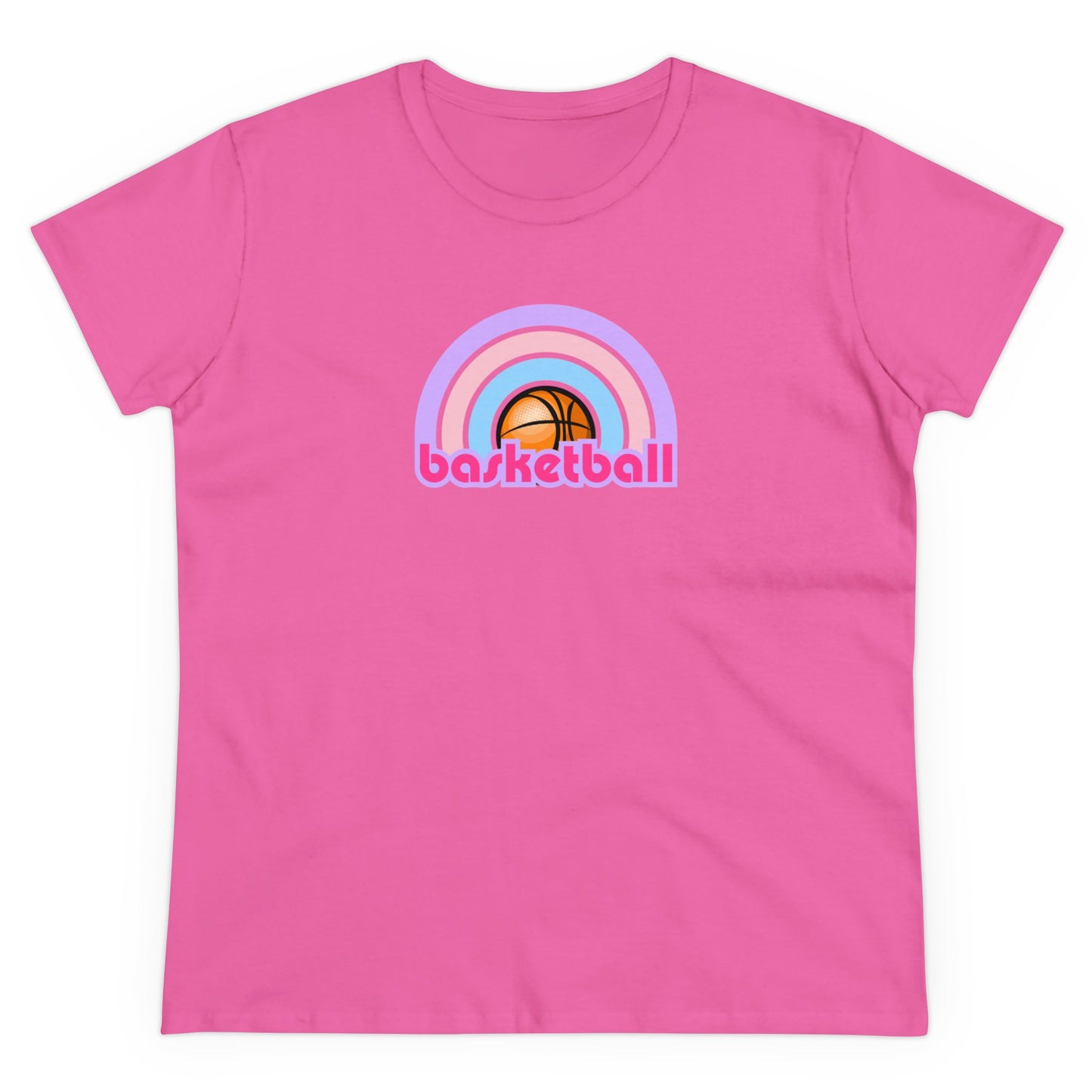 Women's Rainbow Basketball Midweight Cotton Tee, Cute Design, Retro 70's, Pink Basketball T-Shirts for Ladies, Love of Basketball