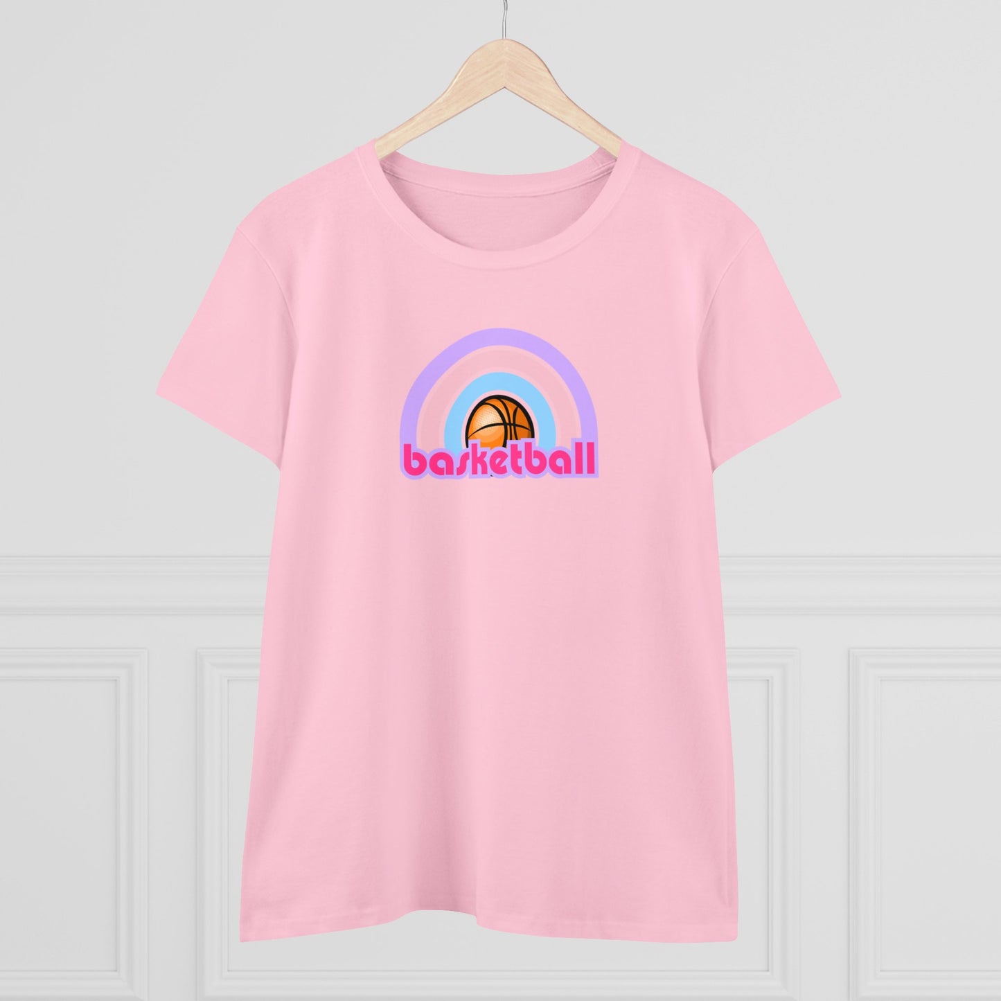 Women's Rainbow Basketball Midweight Cotton Tee, Cute Design, Retro 70's, Pink Basketball T-Shirts for Ladies, Love of Basketball