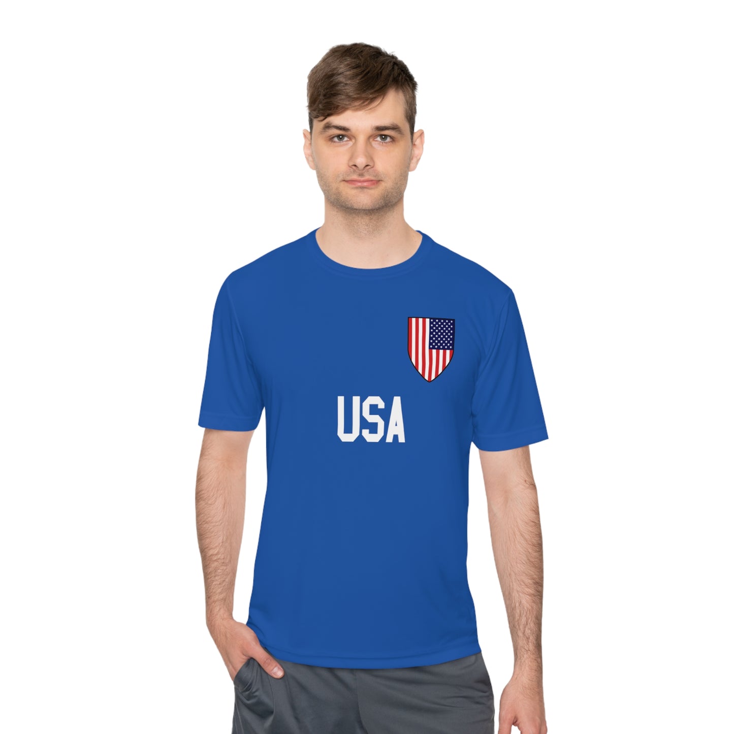 USA Soccer t-shirt with Soccer Shield USA Flag design and USA in block lettering