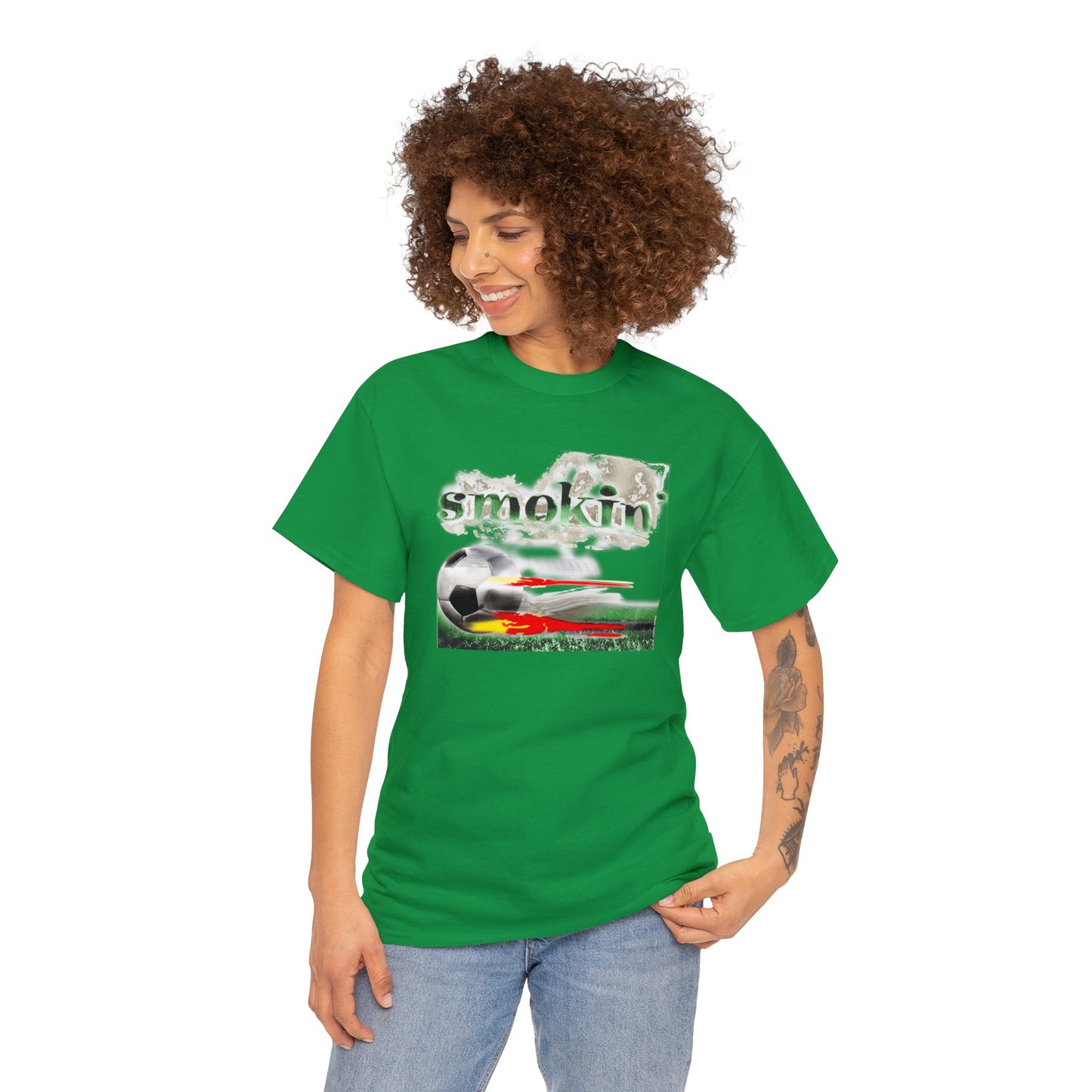 Smokin' Funny Soccer T-Shirt, Unisex Heavy Cotton Tee, Soccer Ball Flaming, Soccer smokin' hot, fast Soccer ball, burning Grass