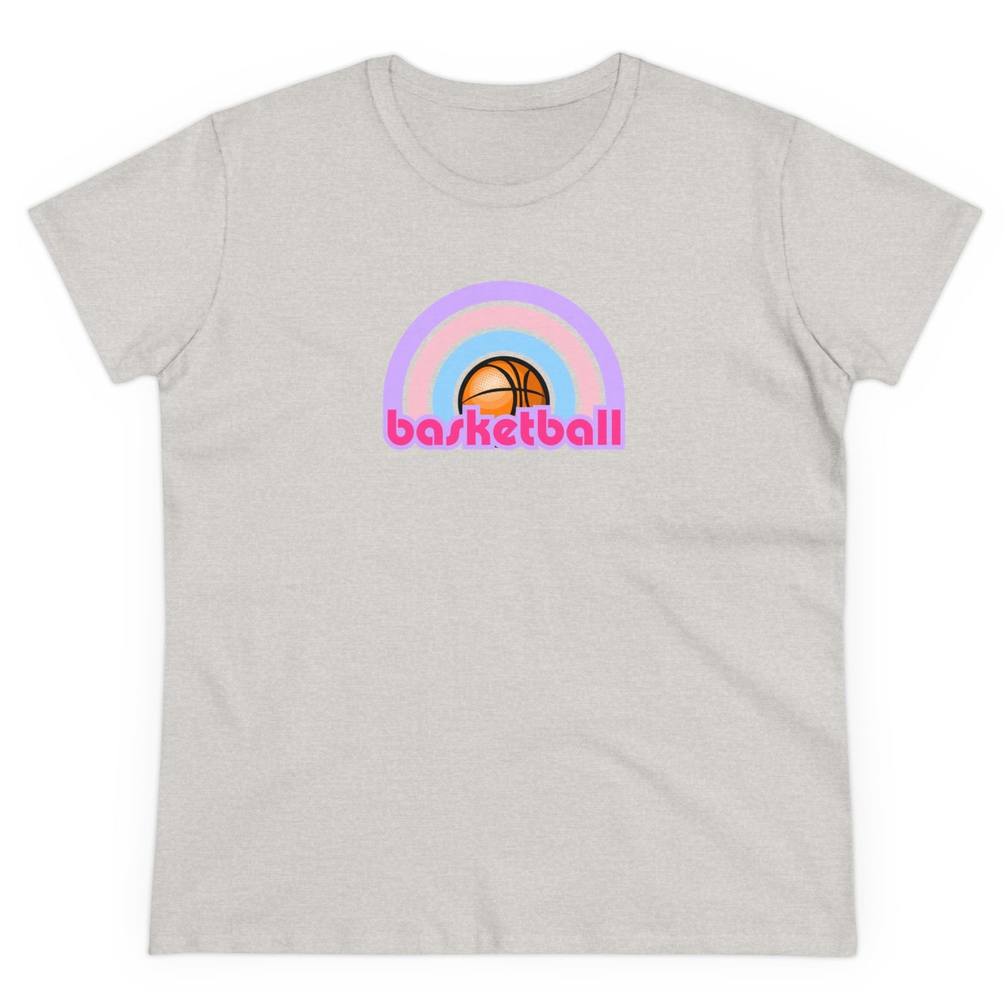 Women's Rainbow Basketball Midweight Cotton Tee, Cute Design, Retro 70's, Pink Basketball T-Shirts for Ladies, Love of Basketball
