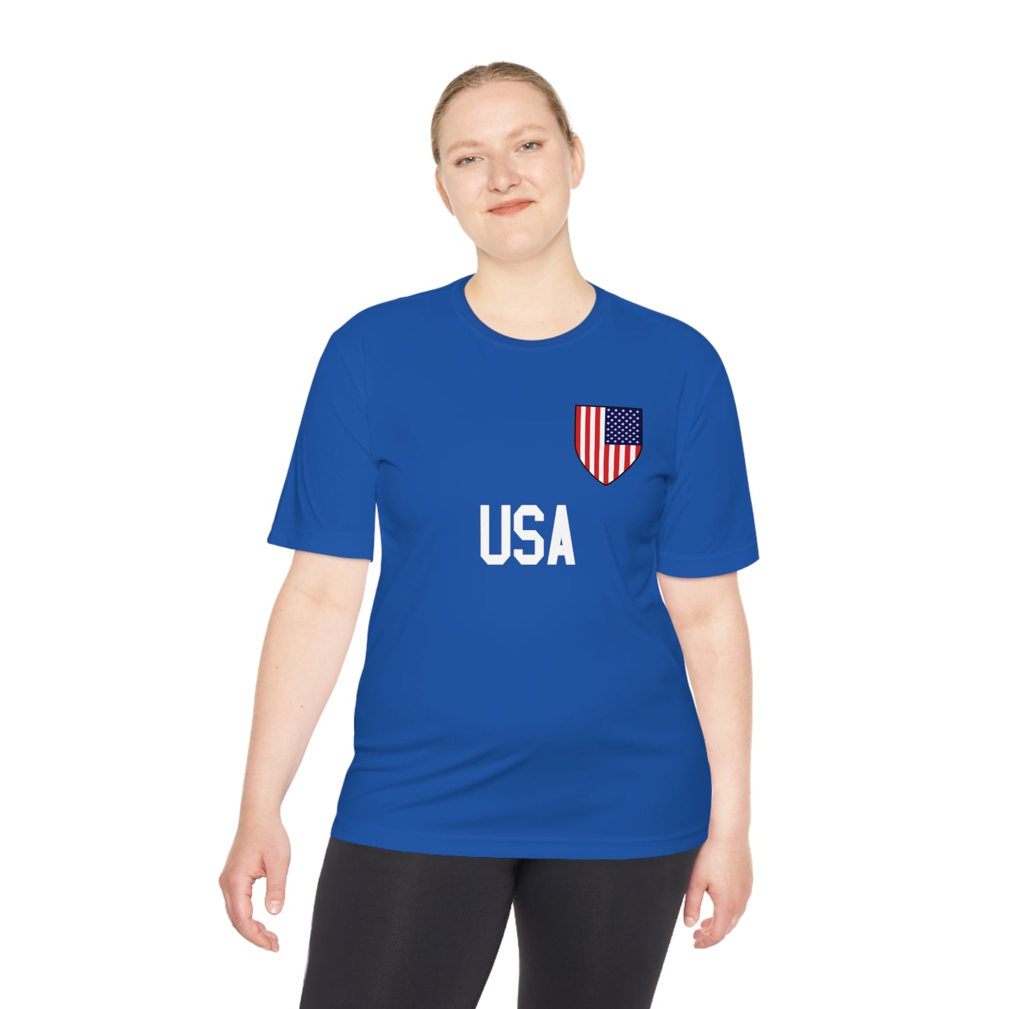 USA Soccer t-shirt with Soccer Shield USA Flag design and USA in block lettering