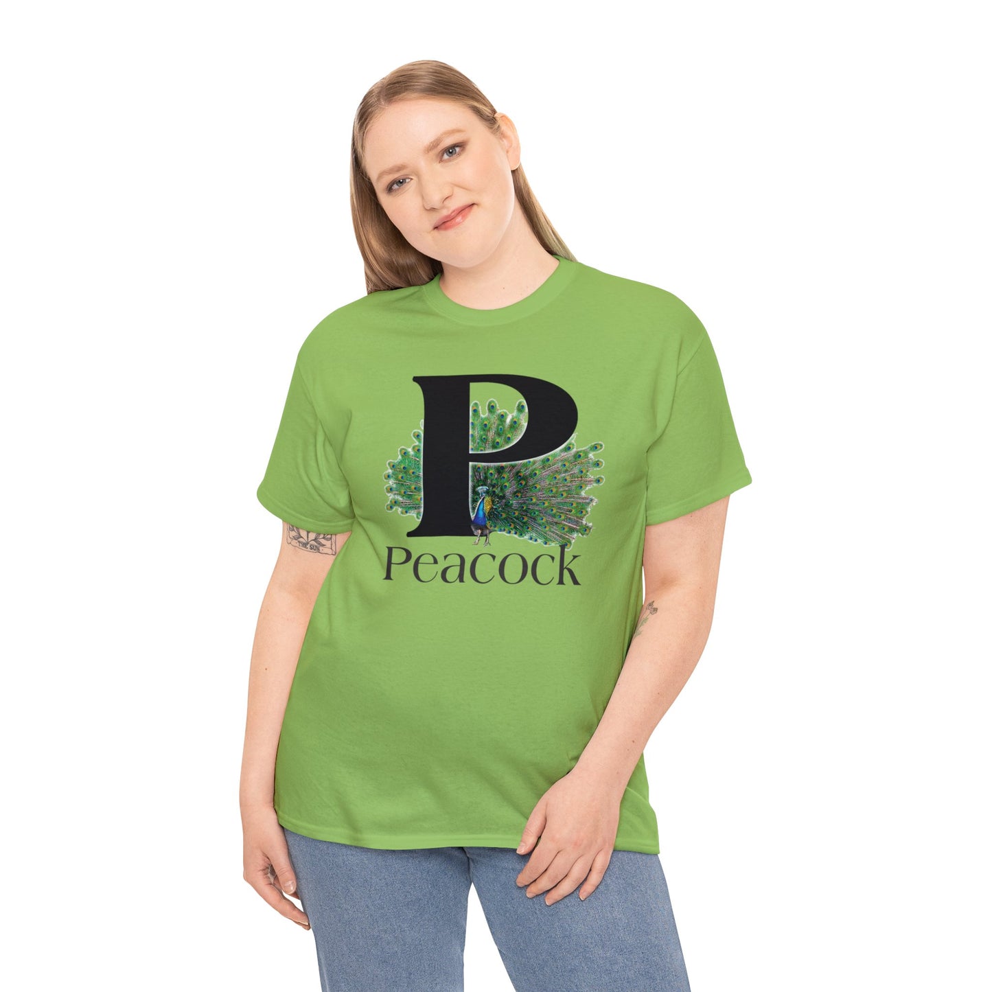 P is for Peacock T-Shirt, Peacock Feathers Fanned out, Bird Shirt, Drawing T-Shirt, animal t-shirt,