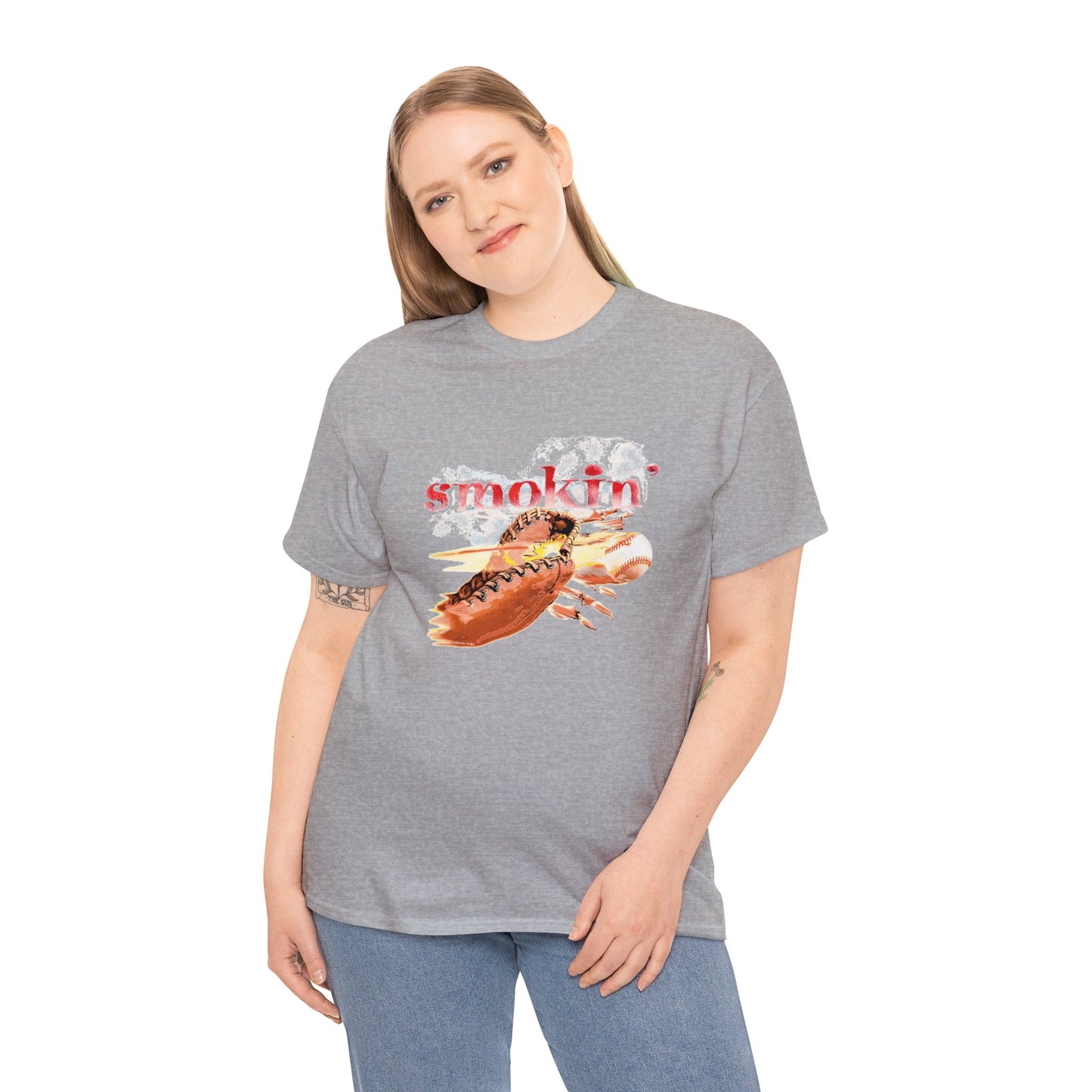 Smokin' Funny Baseball T-Shirt, Unisex Heavy Cotton Tee, Baseball Glove, Baseball smokin' hot, fast baseball, burning catchers mitt, gift