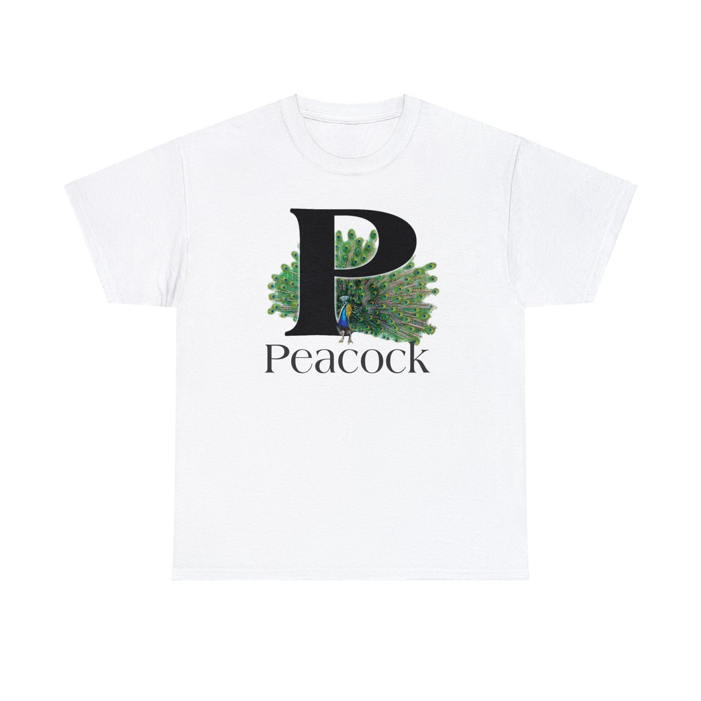 P is for Peacock T-Shirt, Peacock Feathers Fanned out, Bird Shirt, Drawing T-Shirt, animal t-shirt,