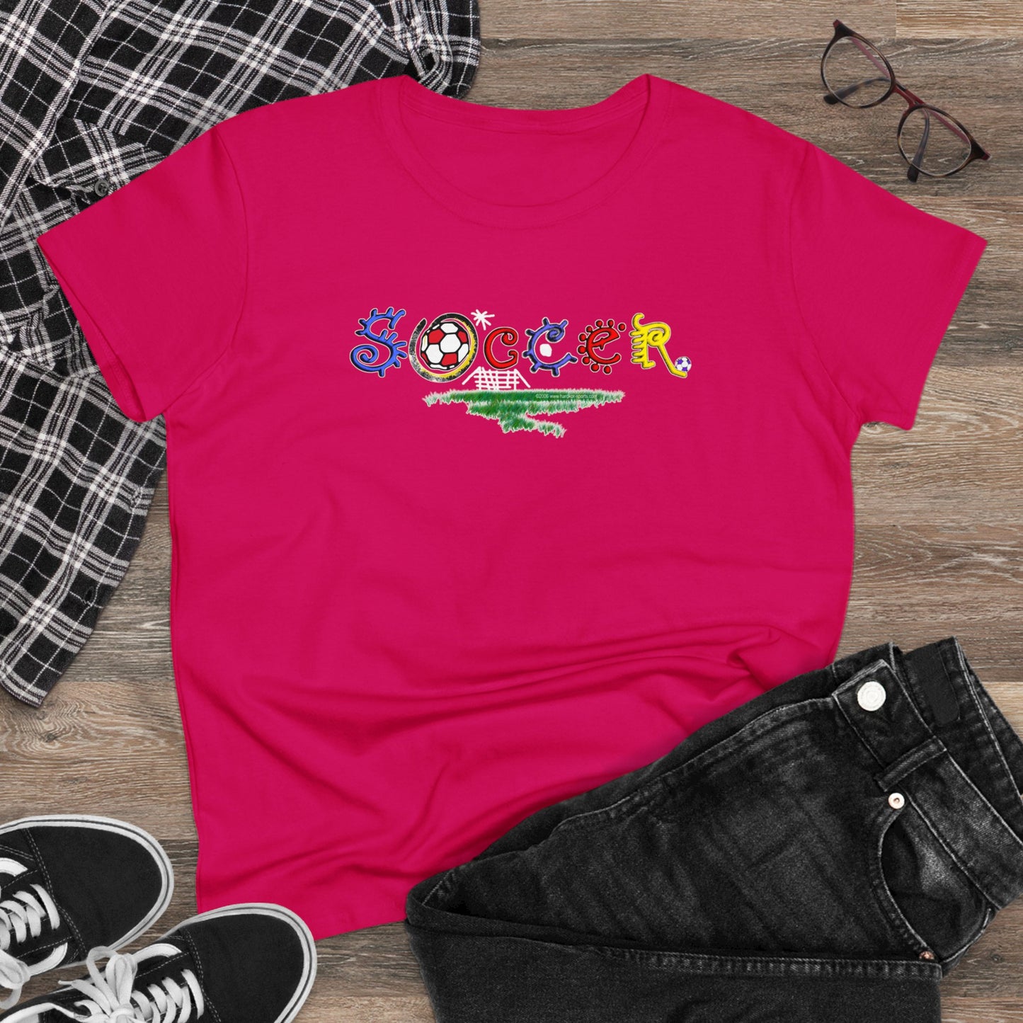 Artistic Soccer Girls T-Shirt, Ladies Soccer Design with Whimsical Soccer Design, Cute hand drawn look, stylized font, Soccer Gift for Women