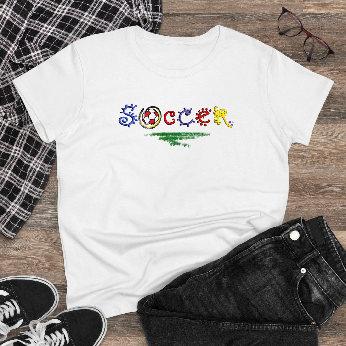Artistic Soccer Girls T-Shirt, Ladies Soccer Design with Whimsical Soccer Design, Cute hand drawn look, stylized font, Soccer Gift for Women