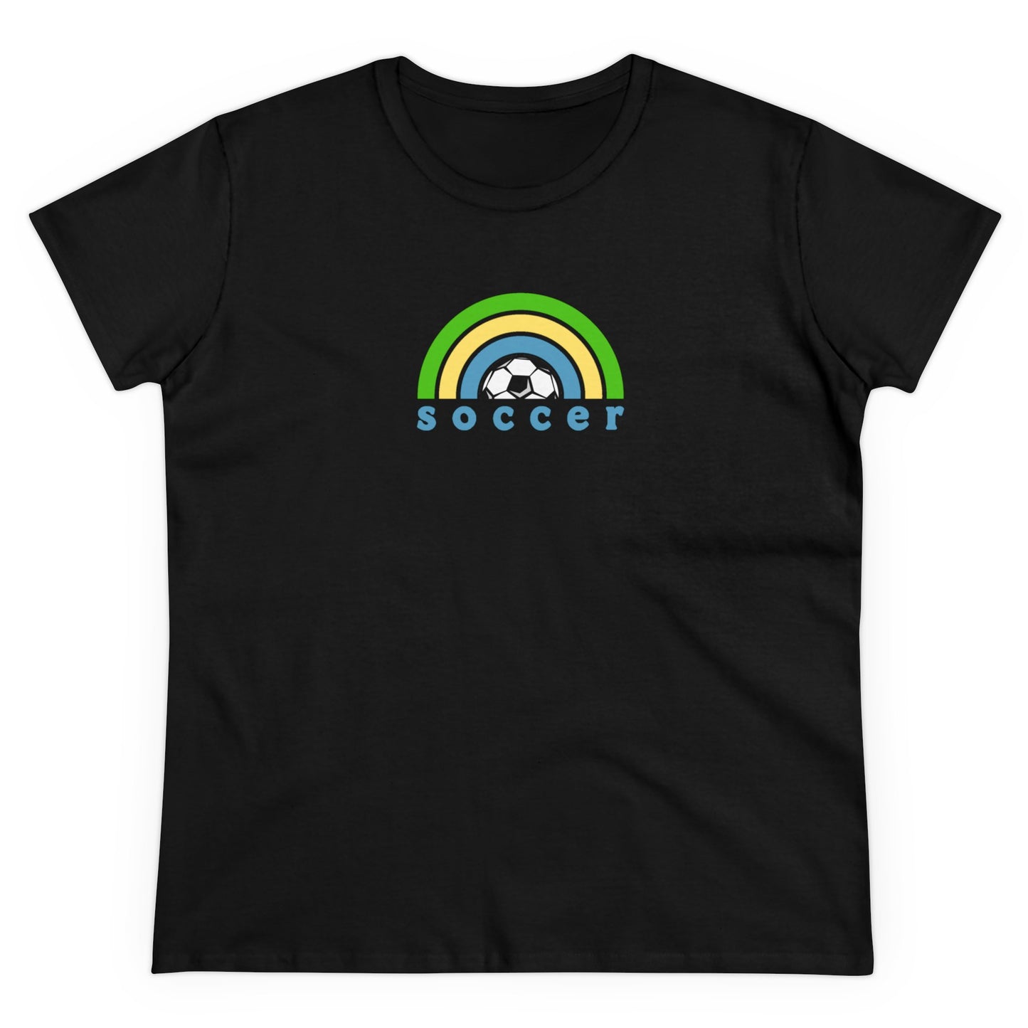 Women's Rainbow Soccer Midweight Cotton Tee, Cute Design, Retro 70's, Pink Soccer T-Shirts for Ladies, Love of Soccer