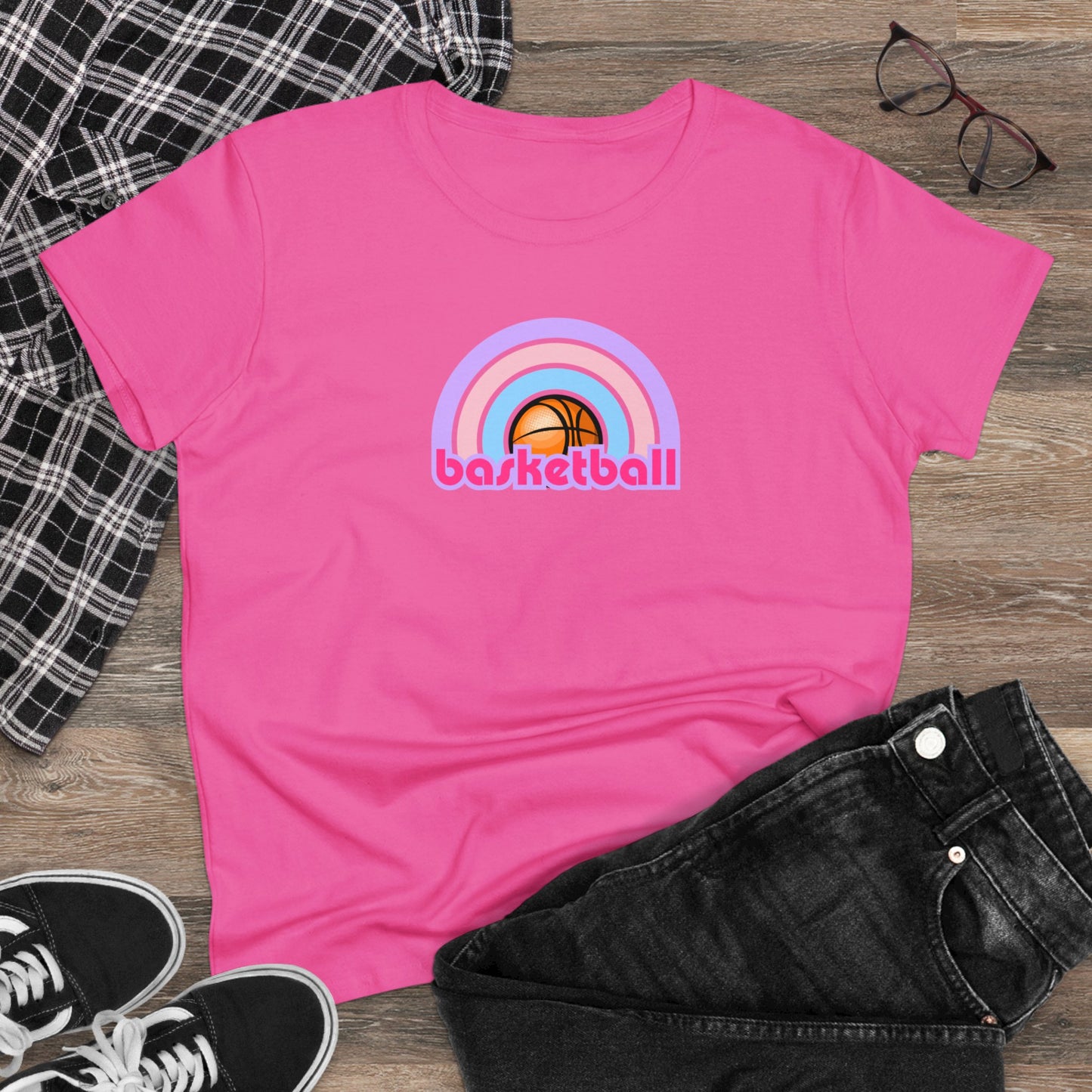 Women's Rainbow Basketball Midweight Cotton Tee, Cute Design, Retro 70's, Pink Basketball T-Shirts for Ladies, Love of Basketball