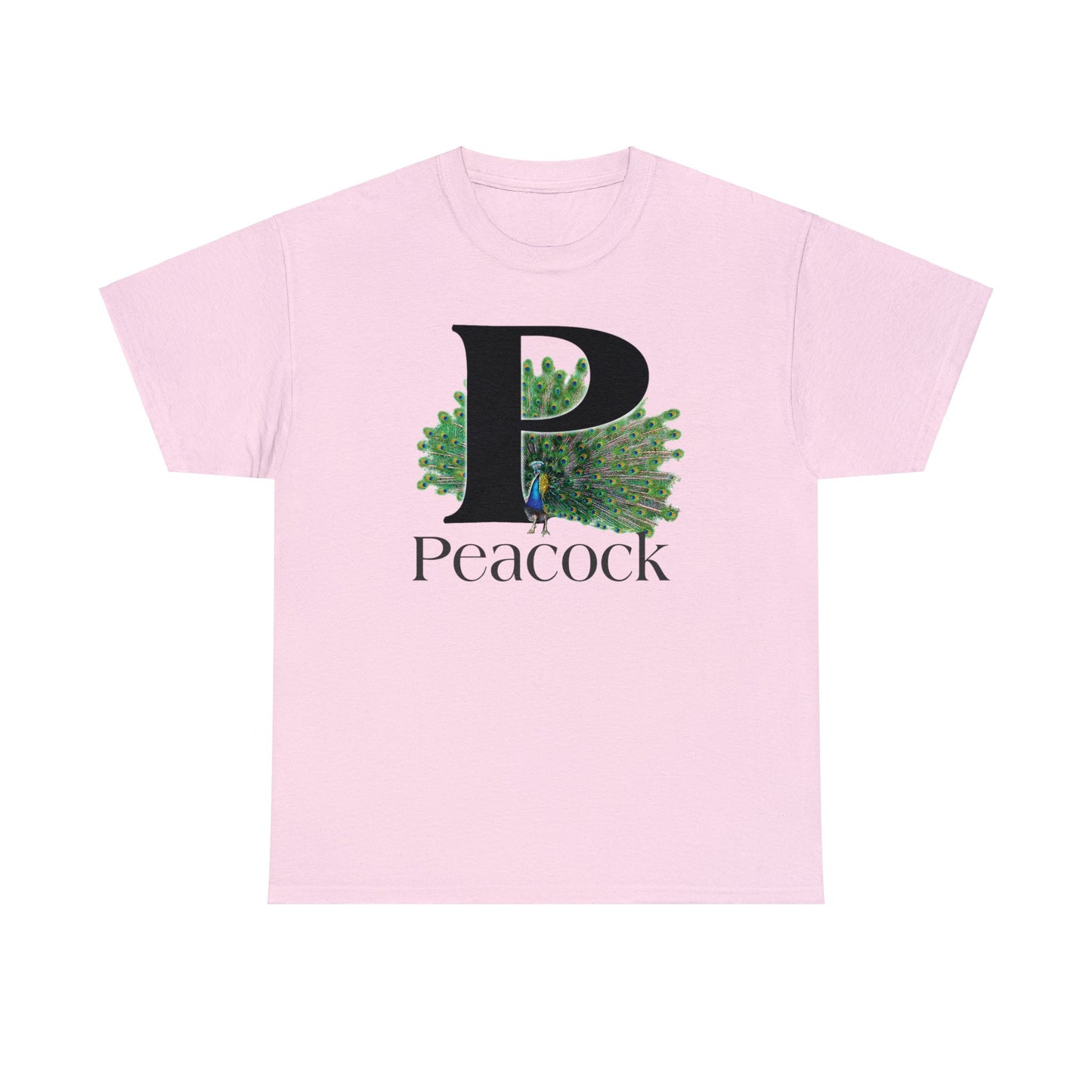 P is for Peacock T-Shirt, Peacock Feathers Fanned out, Bird Shirt, Drawing T-Shirt, animal t-shirt,