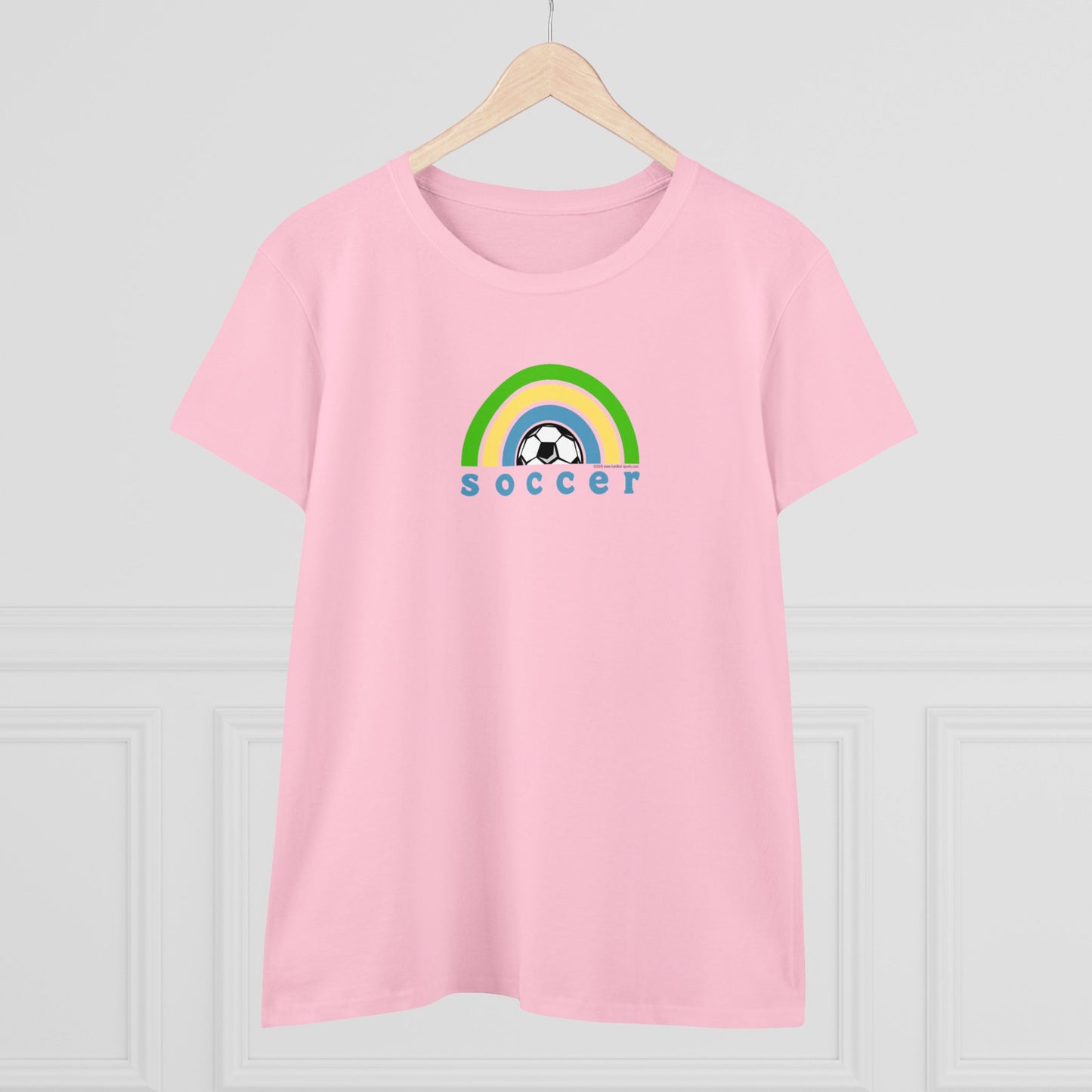 Women's Rainbow Soccer Midweight Cotton Tee, Cute Design, Retro 70's, Pink Soccer T-Shirts for Ladies, Love of Soccer