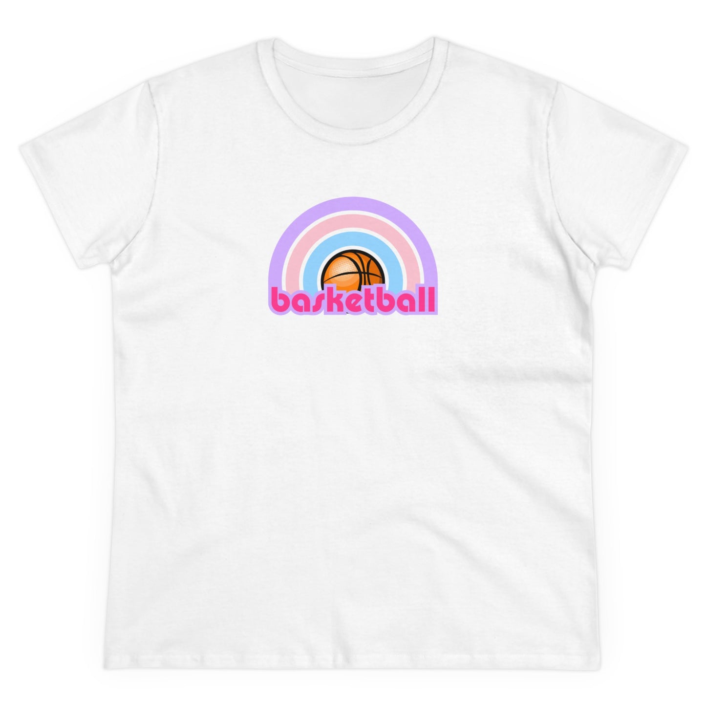 Women's Rainbow Basketball Midweight Cotton Tee, Cute Design, Retro 70's, Pink Basketball T-Shirts for Ladies, Love of Basketball
