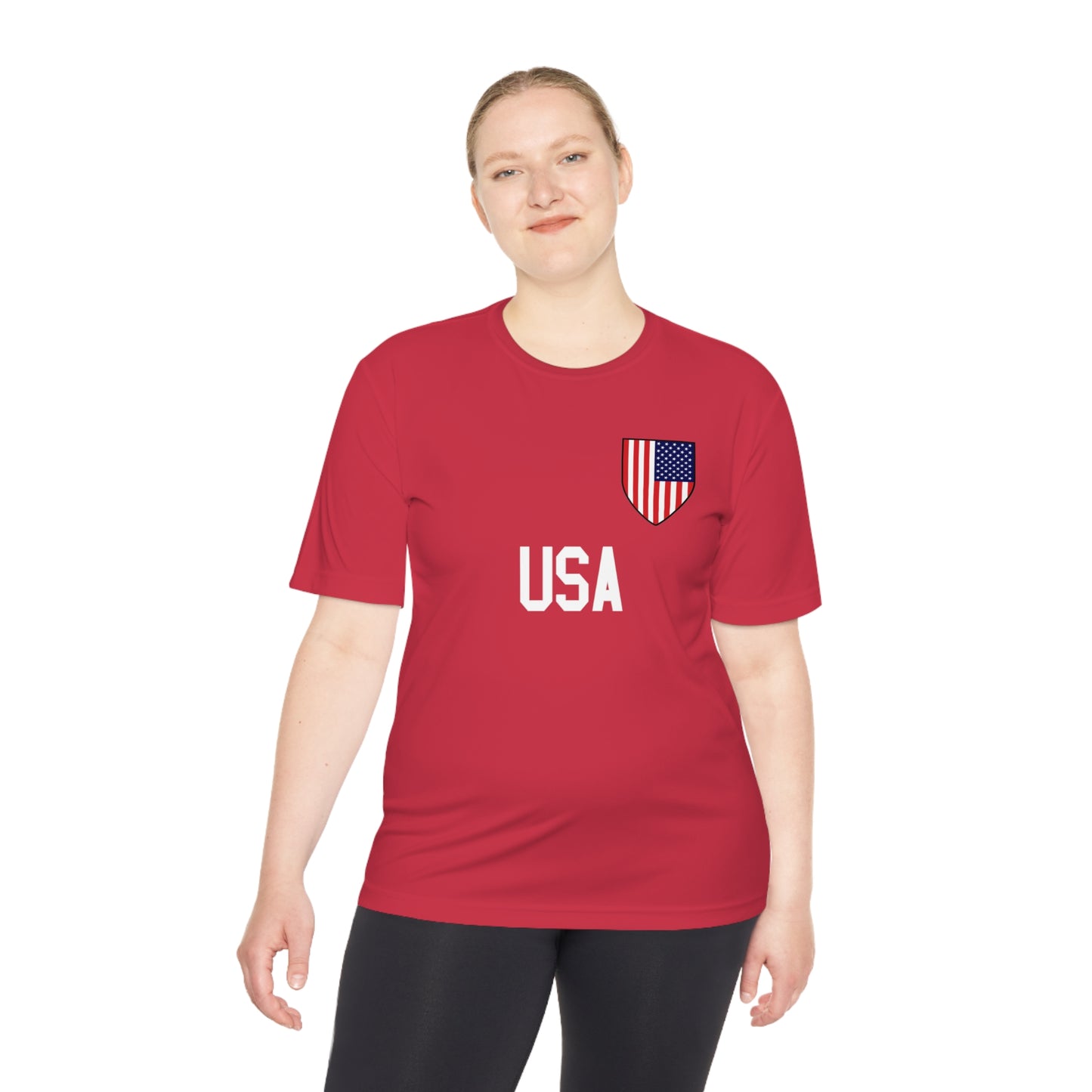 USA Soccer t-shirt with Soccer Shield USA Flag design and USA in block lettering