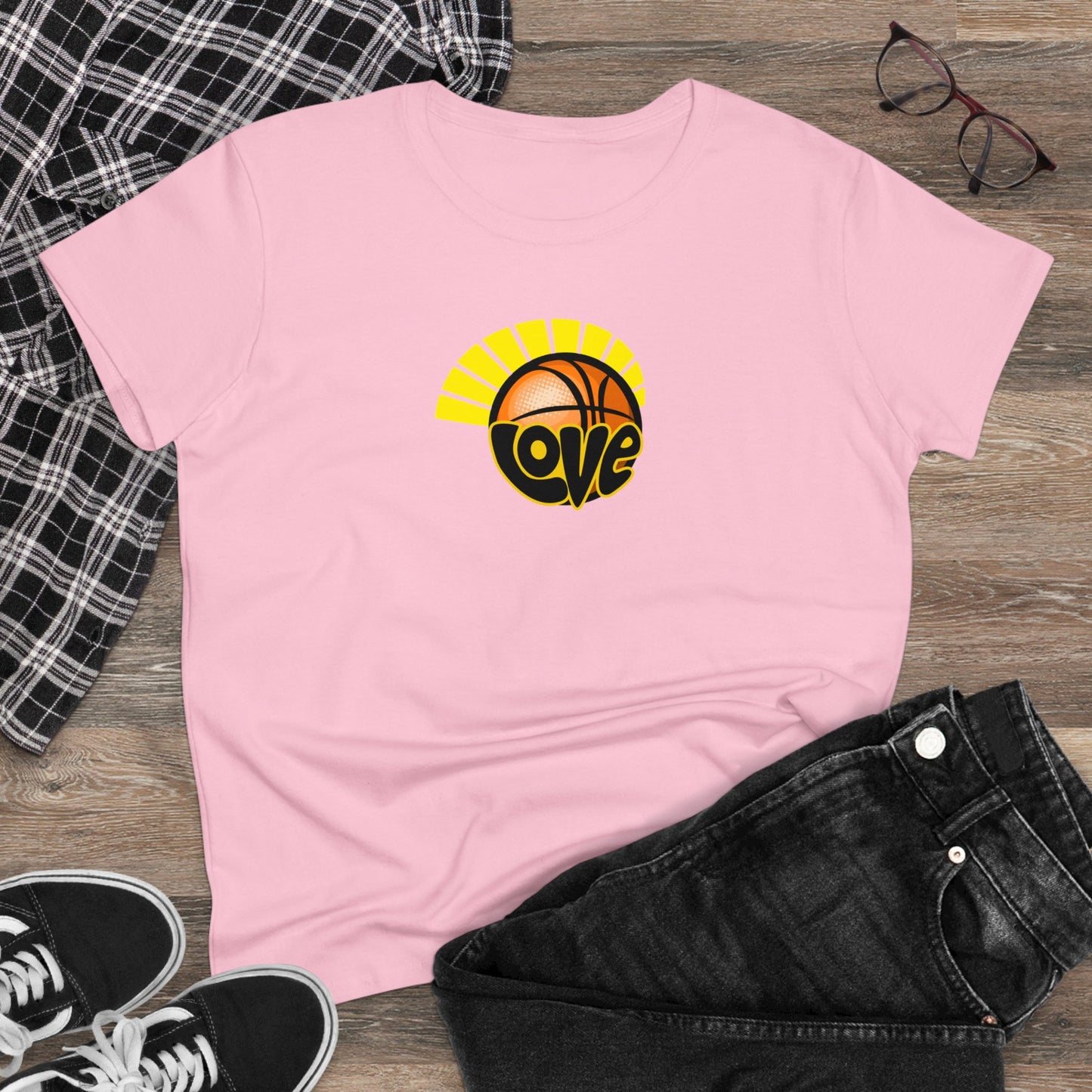 Love of Basketball, Women's Retro Hippy, Feel Good, Midweight Cotton Tee, Cute Ladies Tee, Retro 70's, Pink Basketball T-Shirts for Ladies