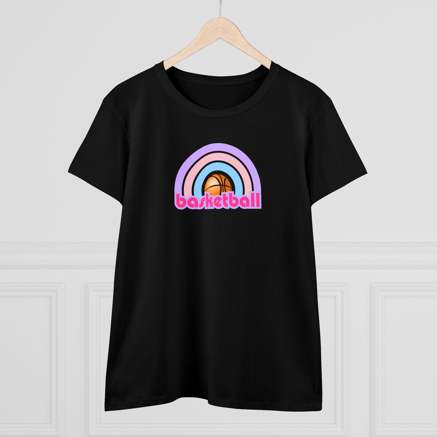 Women's Rainbow Basketball Midweight Cotton Tee, Cute Design, Retro 70's, Pink Basketball T-Shirts for Ladies, Love of Basketball
