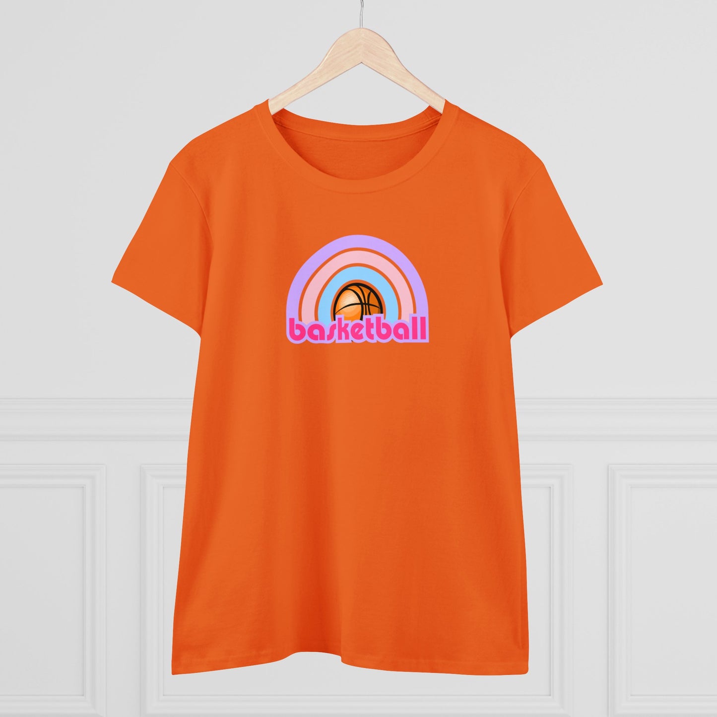 Women's Rainbow Basketball Midweight Cotton Tee, Cute Design, Retro 70's, Pink Basketball T-Shirts for Ladies, Love of Basketball