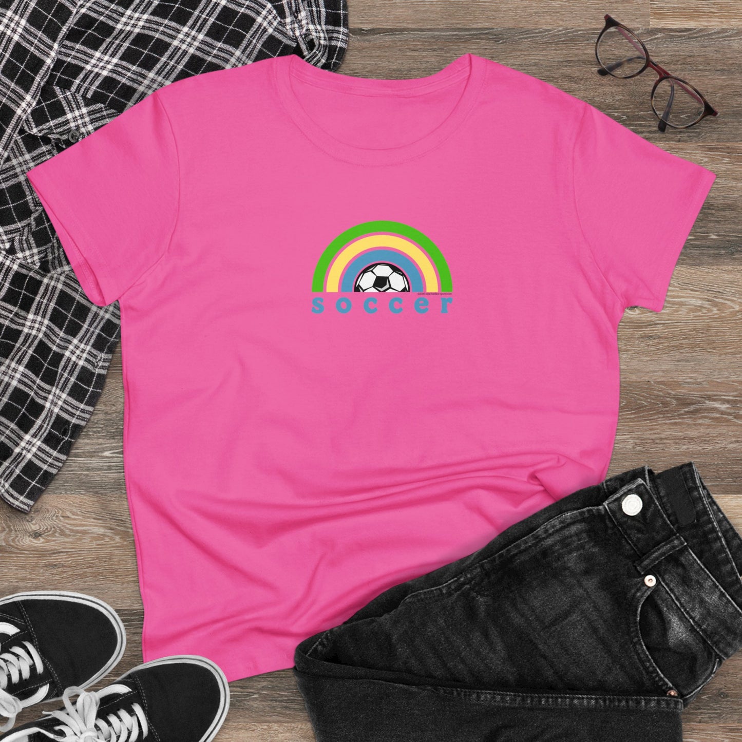 Women's Rainbow Soccer Midweight Cotton Tee, Cute Design, Retro 70's, Pink Soccer T-Shirts for Ladies, Love of Soccer