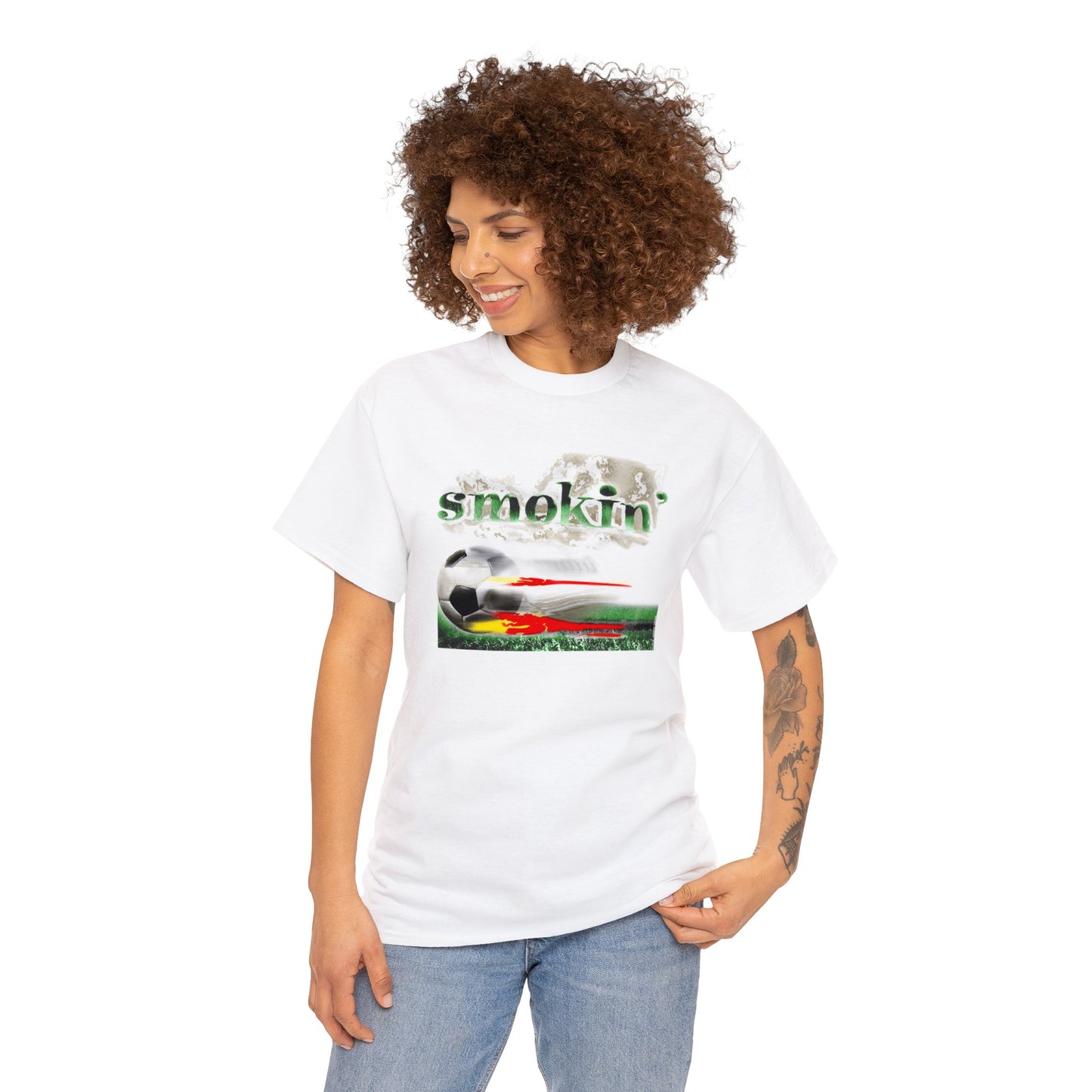 Smokin' Funny Soccer T-Shirt, Unisex Heavy Cotton Tee, Soccer Ball Flaming, Soccer smokin' hot, fast Soccer ball, burning Grass