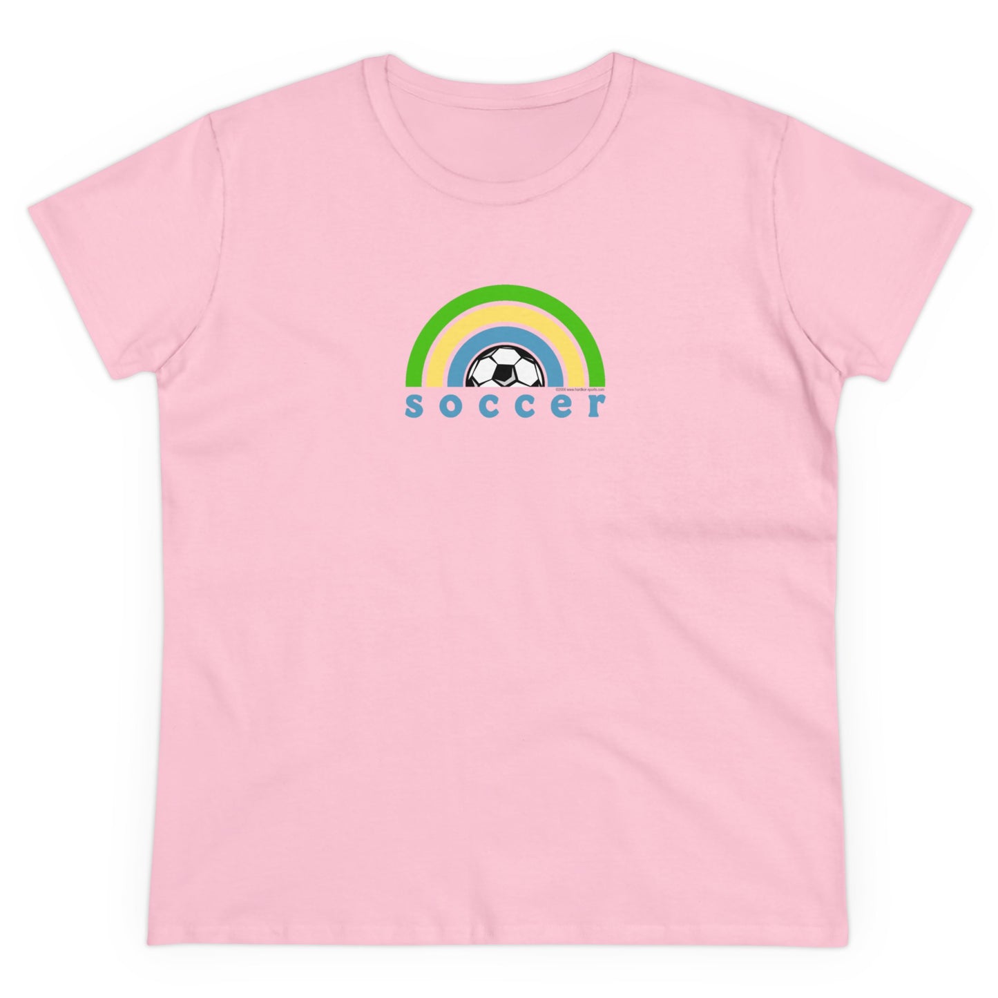 Women's Rainbow Soccer Midweight Cotton Tee, Cute Design, Retro 70's, Pink Soccer T-Shirts for Ladies, Love of Soccer