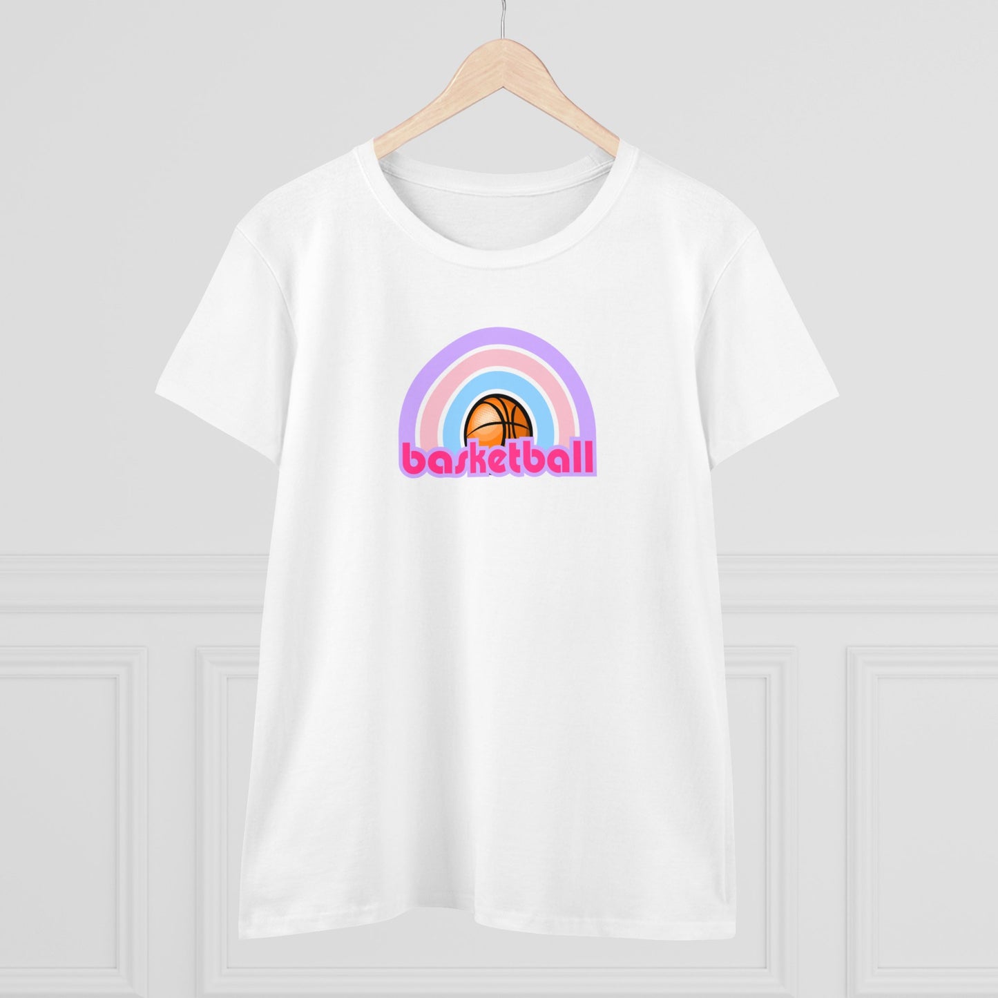 Women's Rainbow Basketball Midweight Cotton Tee, Cute Design, Retro 70's, Pink Basketball T-Shirts for Ladies, Love of Basketball