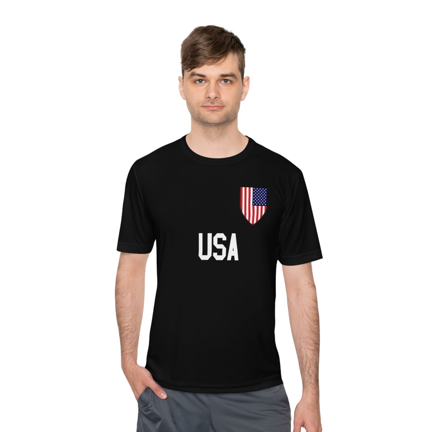 USA Soccer t-shirt with Soccer Shield USA Flag design and USA in block lettering