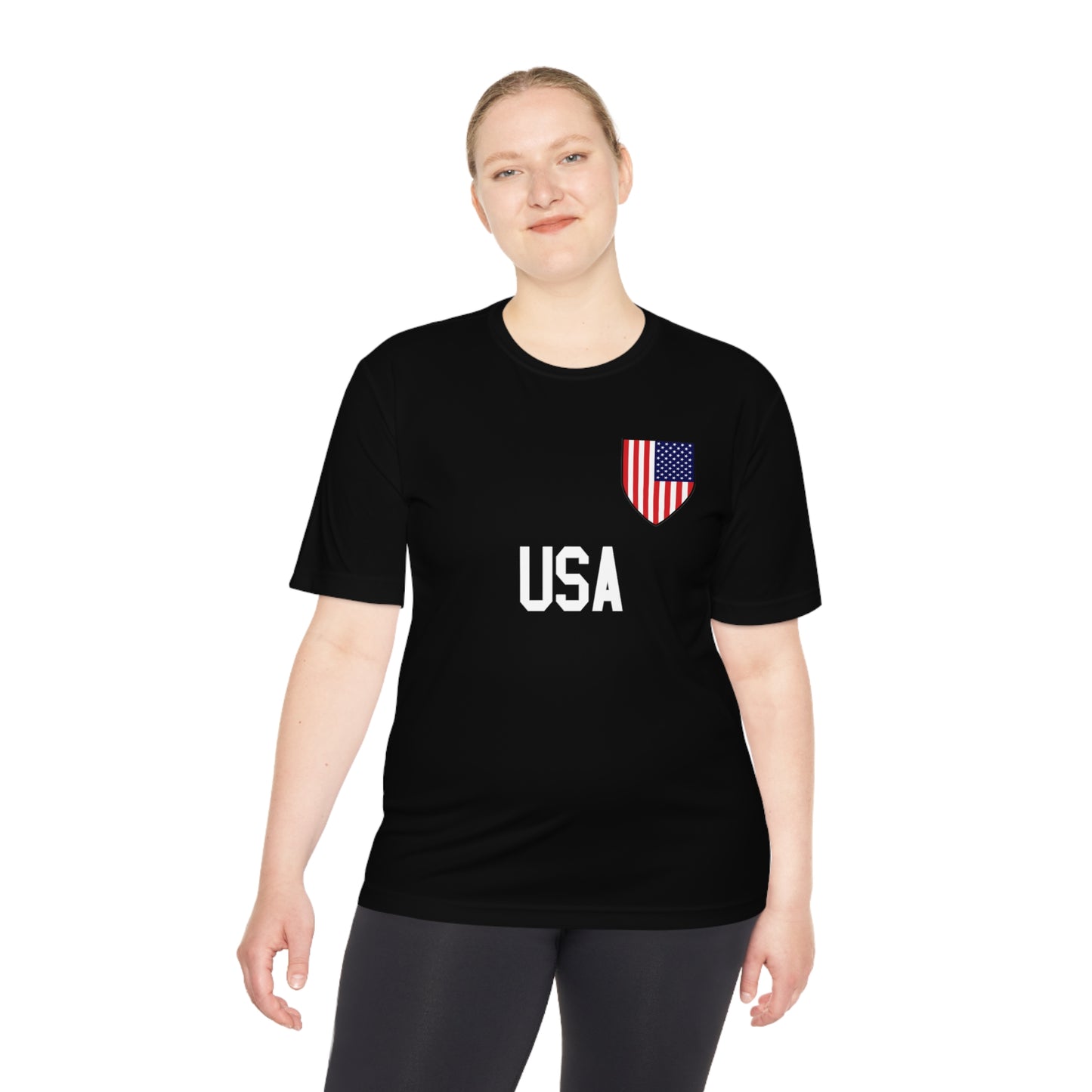 USA Soccer t-shirt with Soccer Shield USA Flag design and USA in block lettering