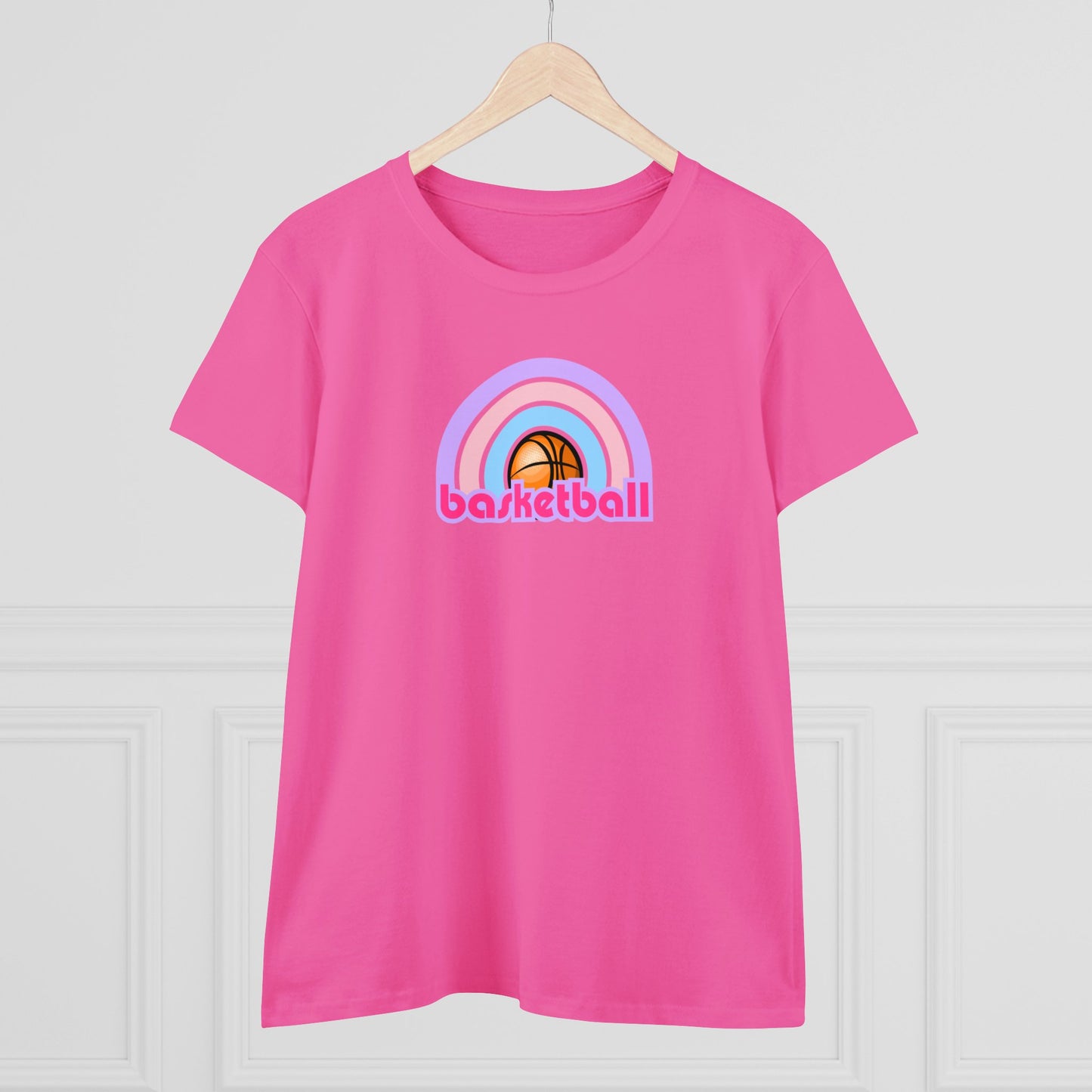 Women's Rainbow Basketball Midweight Cotton Tee, Cute Design, Retro 70's, Pink Basketball T-Shirts for Ladies, Love of Basketball